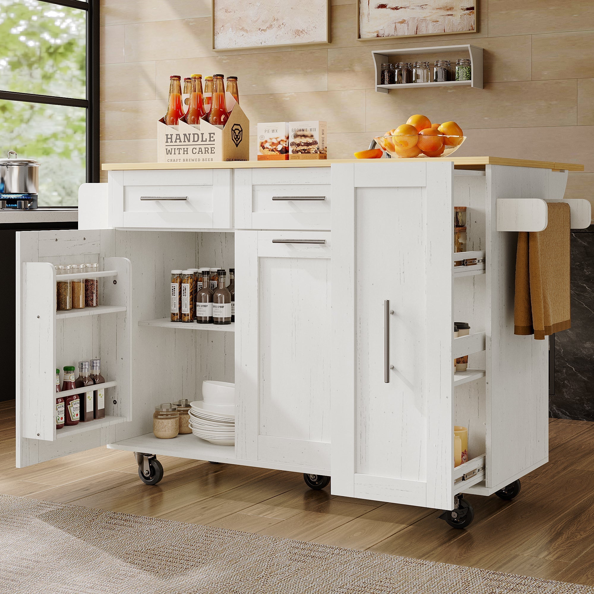 Dining Cart Kitchen Island - Multifunctional Extendable Table Storage - White Wood Grain