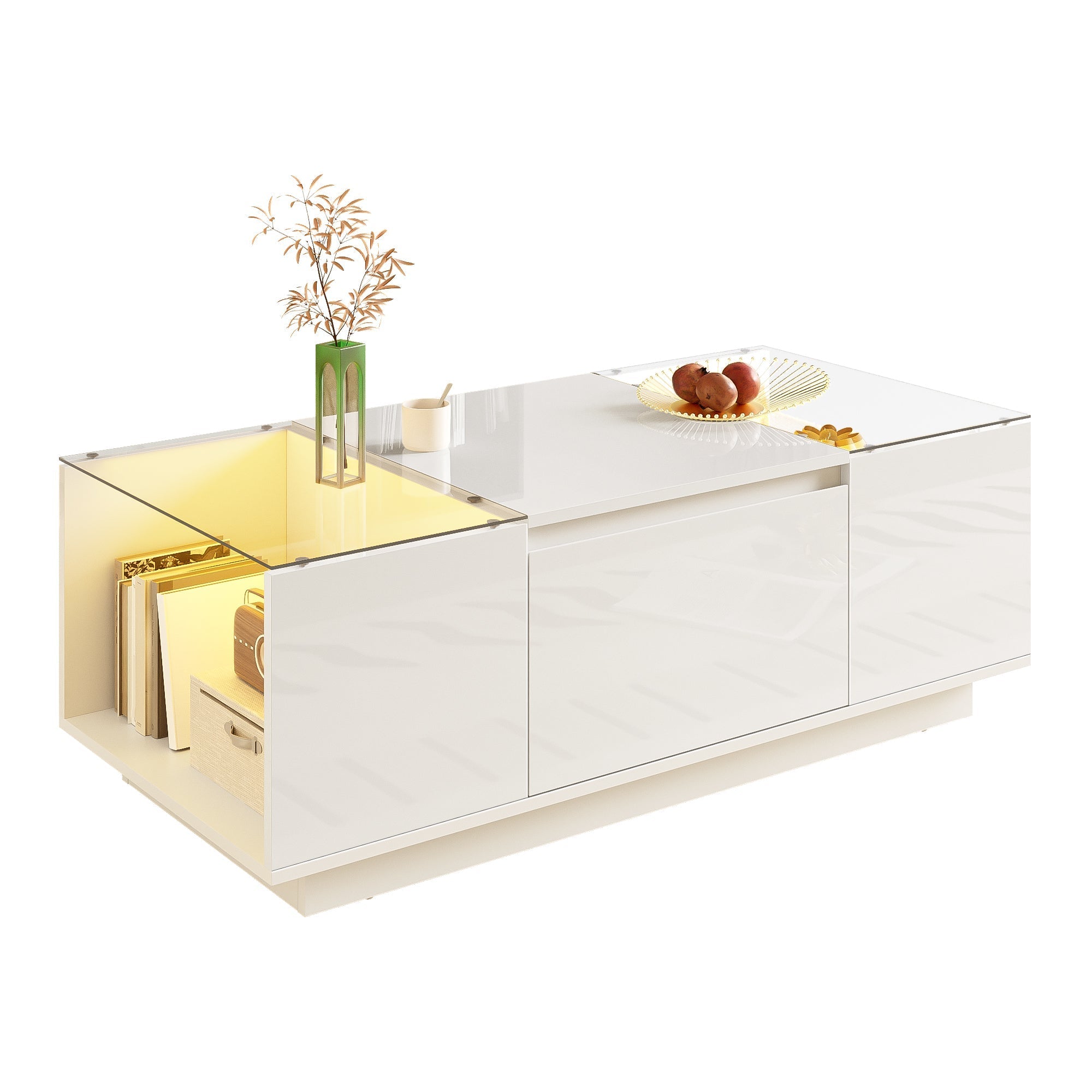 Coffee Table Modern Minimalist 105cm, Storage, LED, Glass Top, 2 Drawers