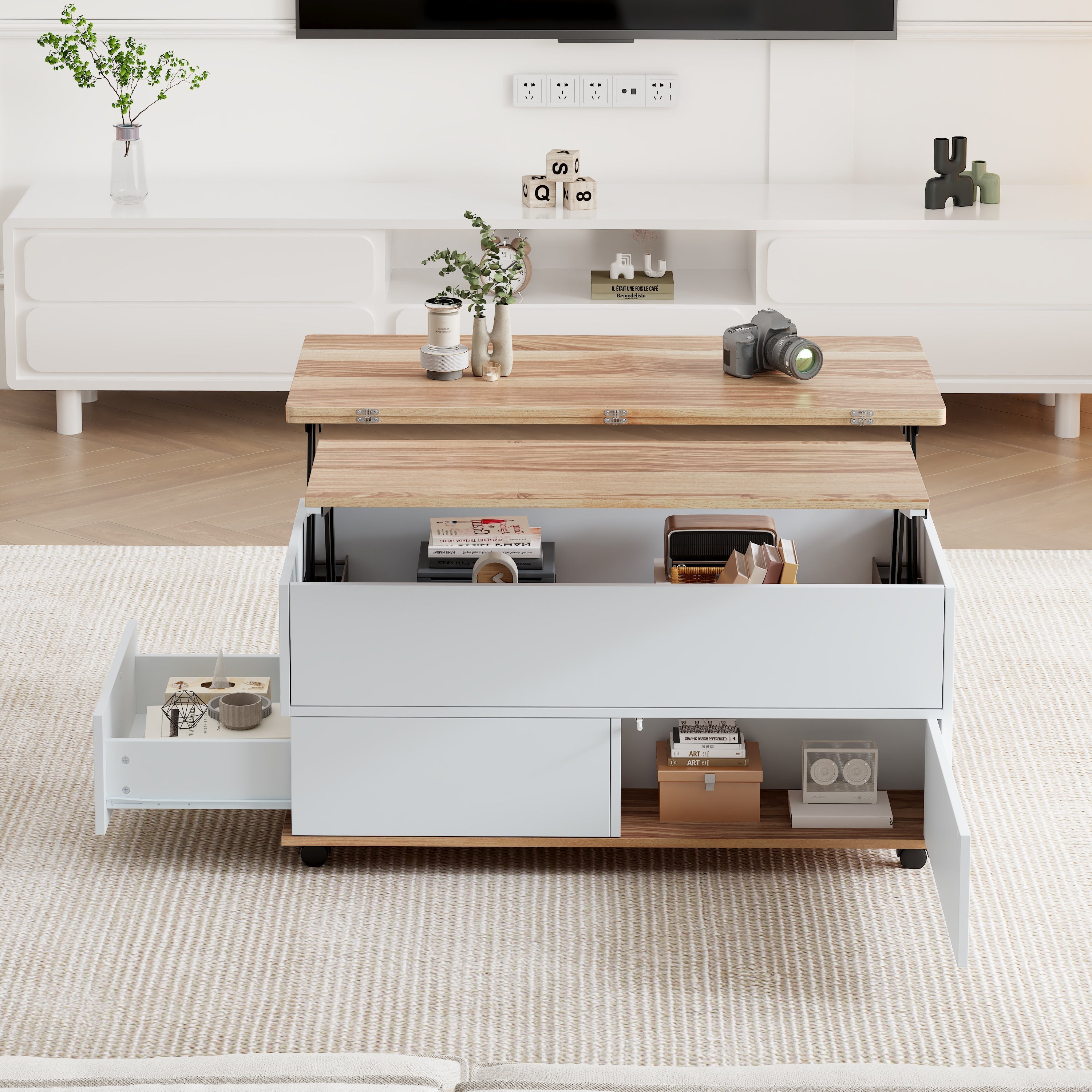 Coffee Table, Height-Adjustable with Hidden Storage and Wheels, White + Natural Wood