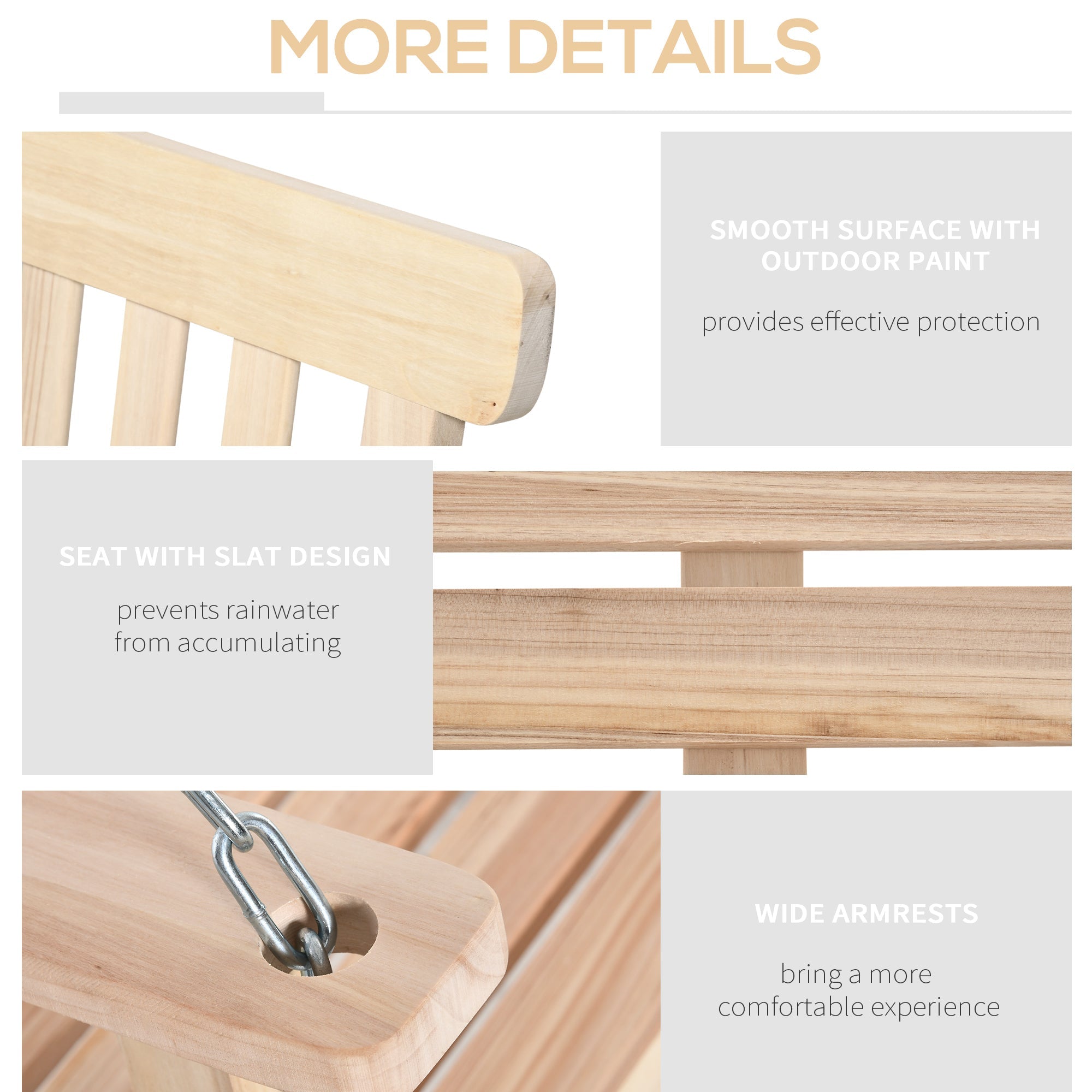 Outdoor Wooden Swing Bench 2-Seater Porch Hanging Hammock, Natural