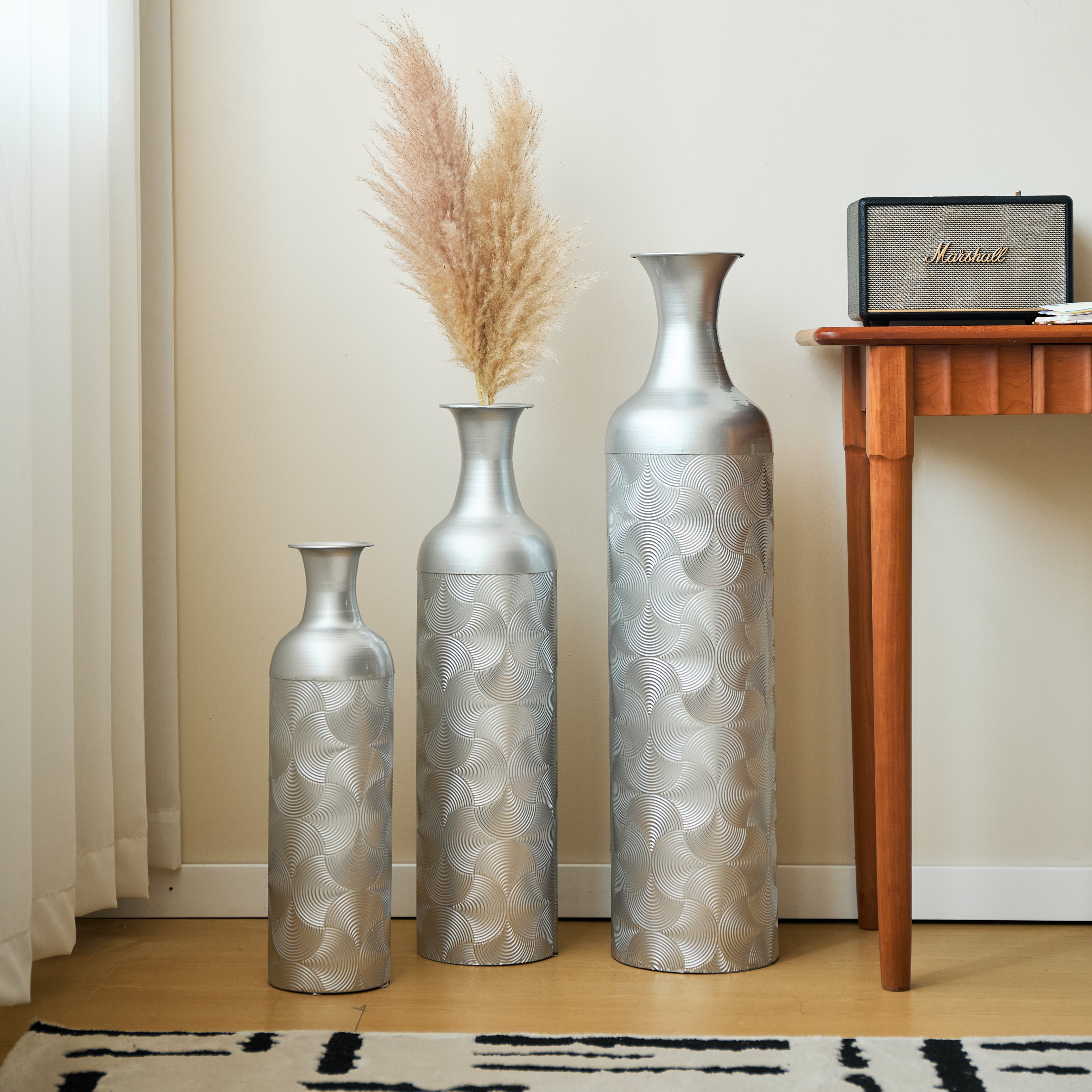 Silver Floor Vase Set 3 Decorative Vases 83/65/50cm High Metal