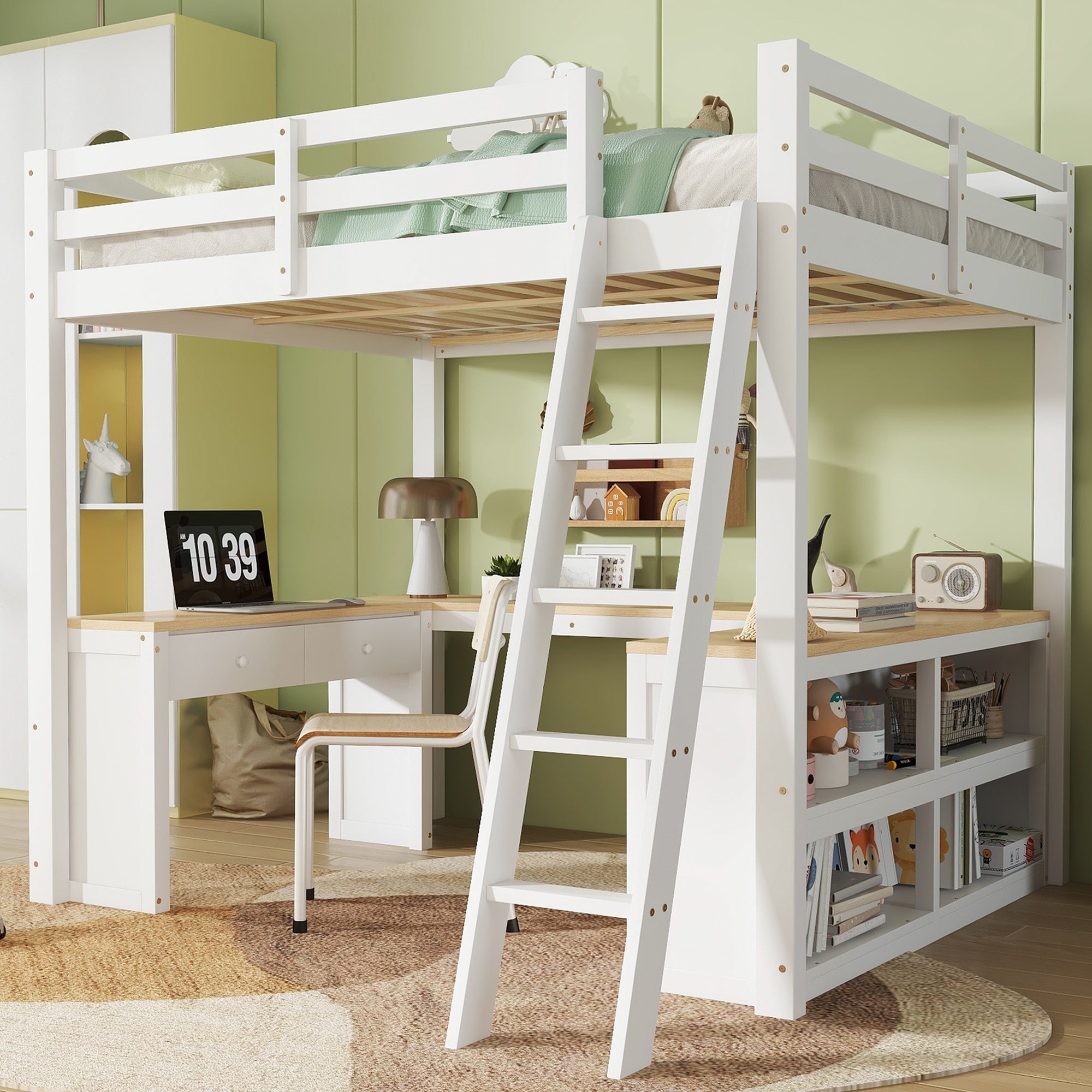 Loft Bed with U-Shaped Desk, 2 Drawers, Storage Shelf, 140x200cm, White + Natural Wood