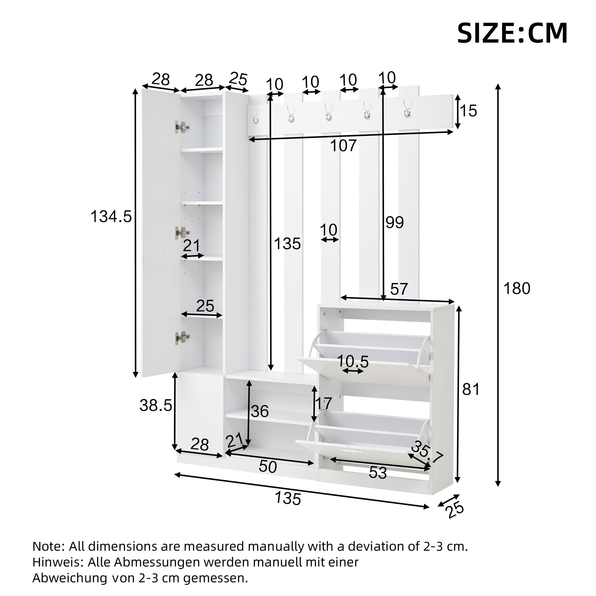 Wardrobe Set 135x25x180cm Mirror Shoe Cabinets Storage - White