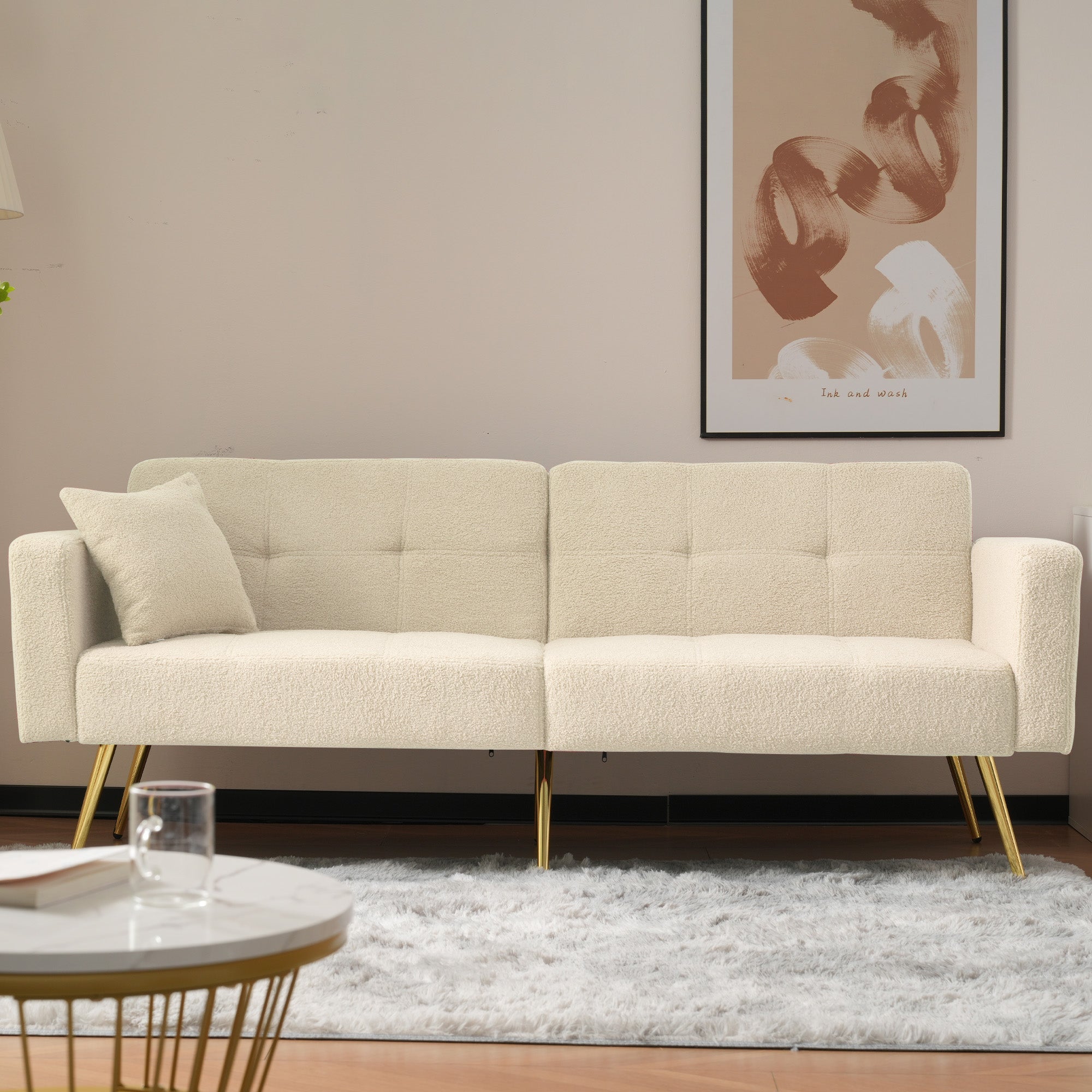 Sofa Bed Adjustable Angle Gold Legs with Cushions & Storage Pockets