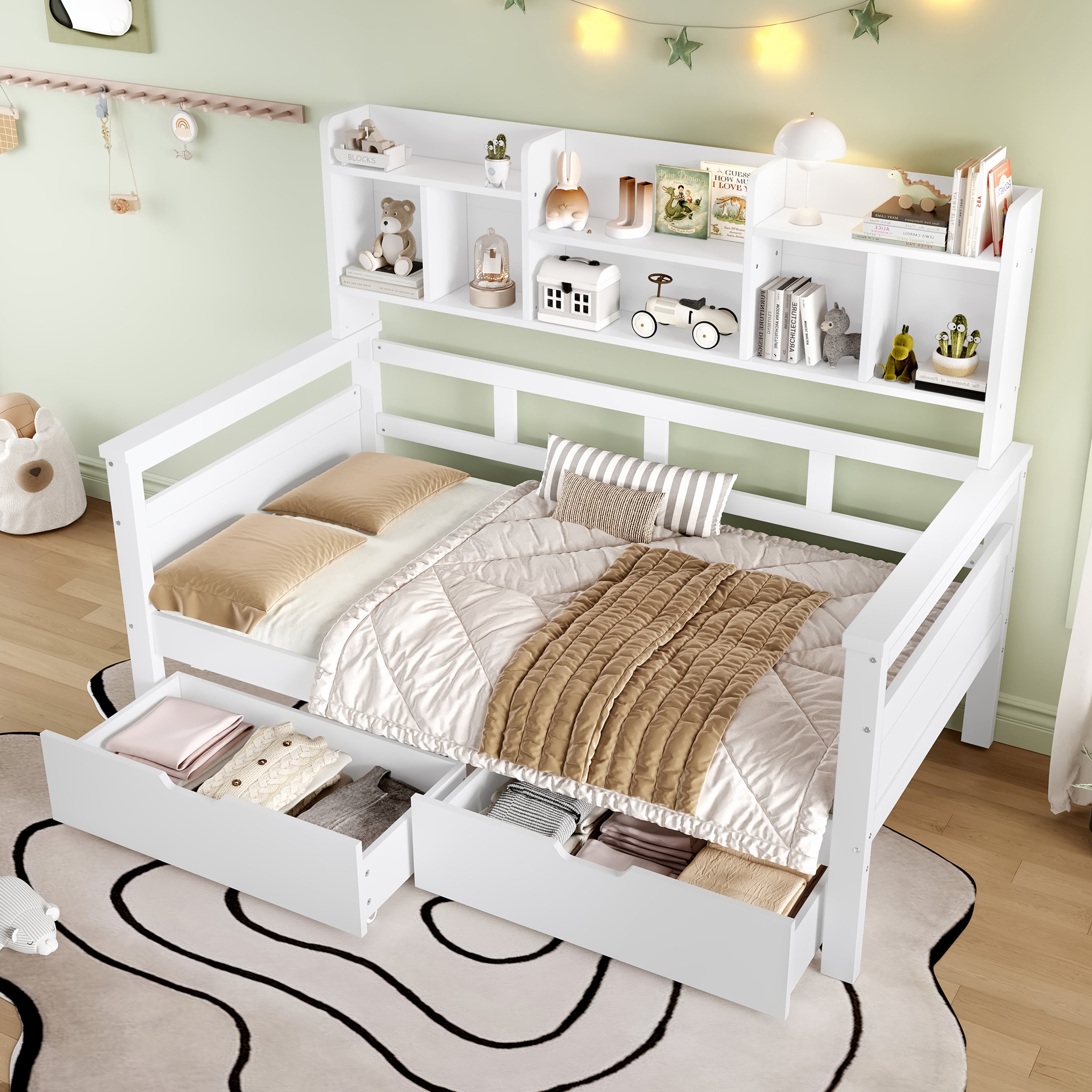 3ft Single Wooden Bed Frame with Two Storage Drawers and Bookcase Headboard, White