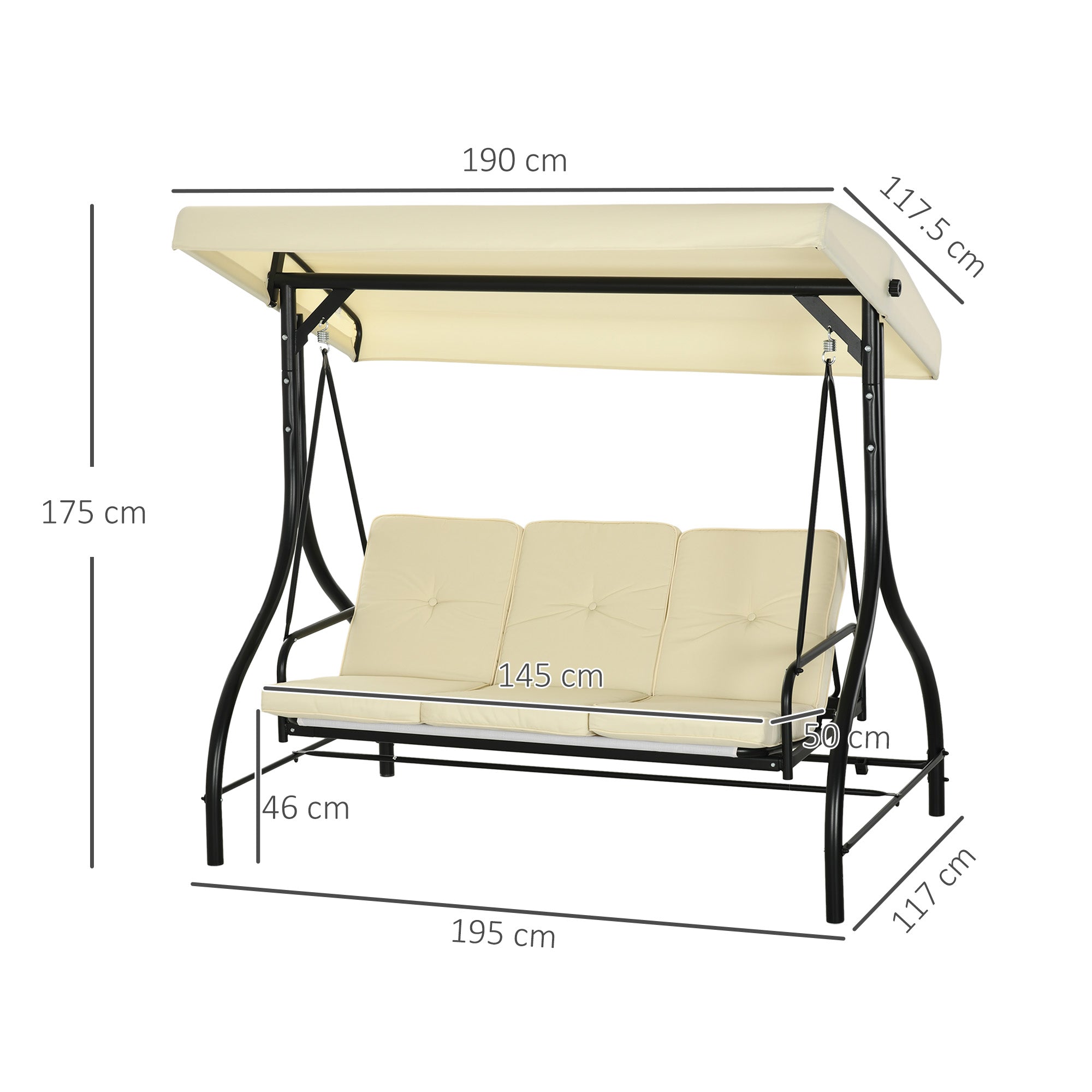 Porch Swing, 2-in-1 Reclining 3-Seater with Adjustable Sunroof, 240 kg, Beige