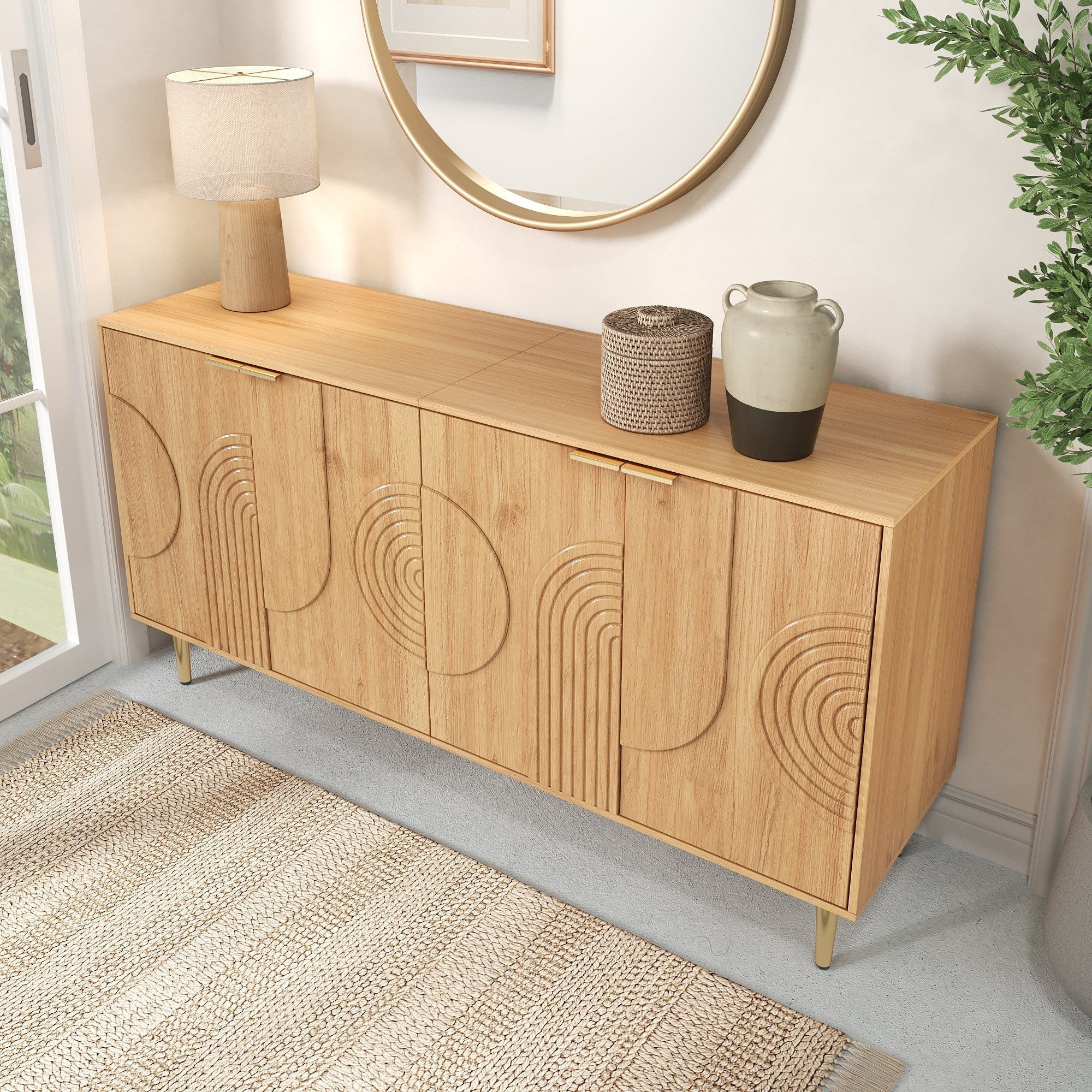 Modern Sideboard with 4 Doors and Adjustable Shelves, Natural Wood Look