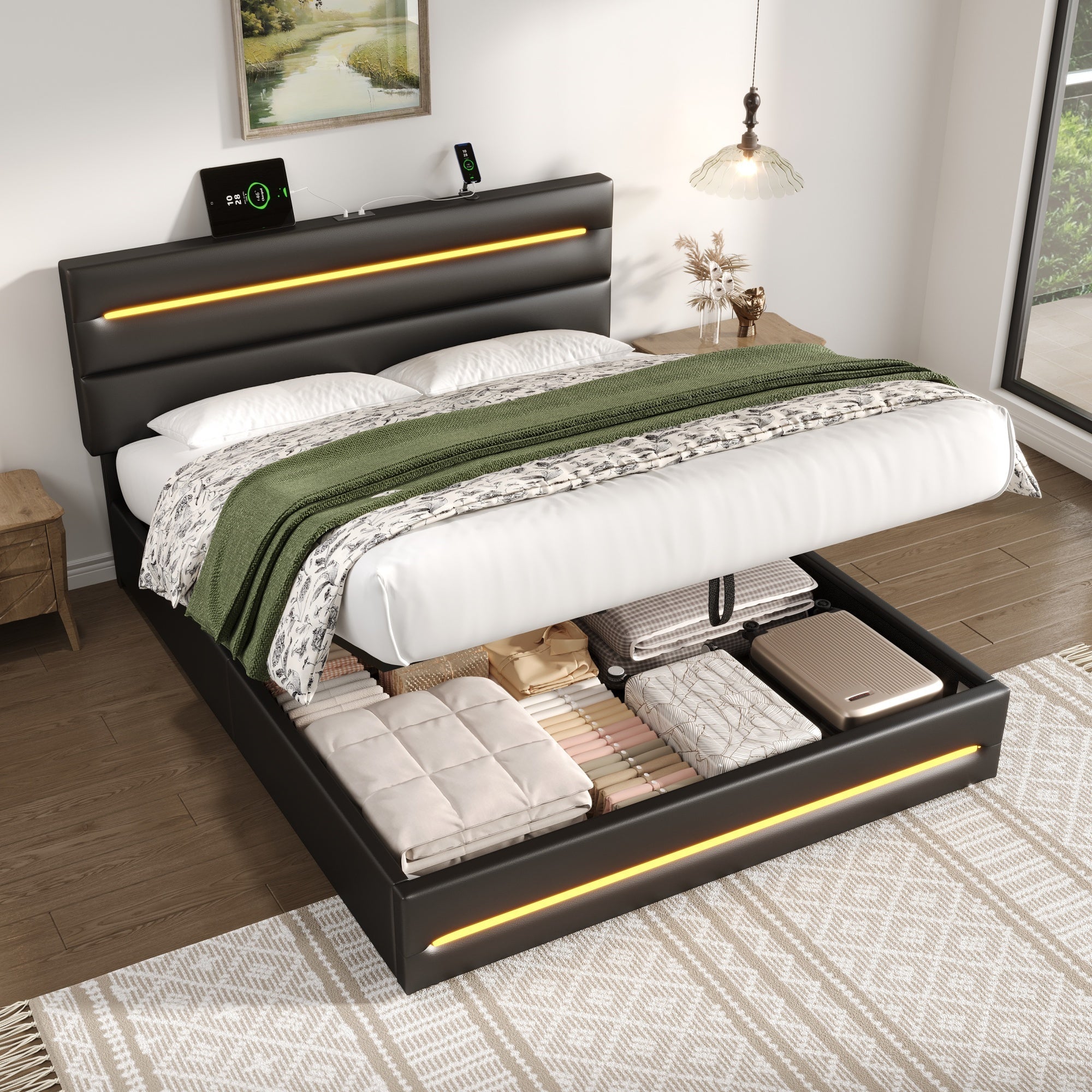 4ft6 Double Upholstered Bed Frame with Hydraulic Storage, LED Lighting, Charging Station & Adjustable Headboard with USB/Type-C Ports, Black PU (No Mattress)