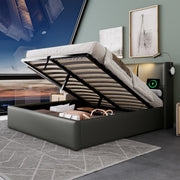 Upholstered Double Bed 140x200 Storage, USB Light, Slatted Base, PU