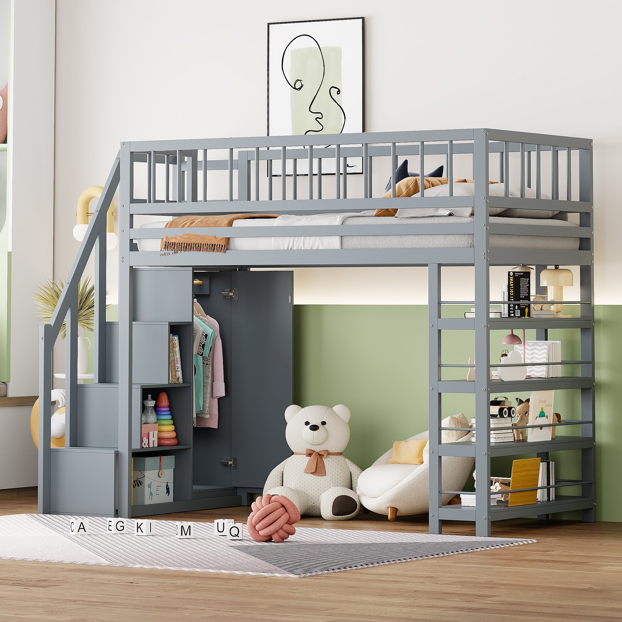 Loft Bed, 90 x 200, Wardrobe, Shelves, Storage, Safety Ladder, Solid Wood, Grey