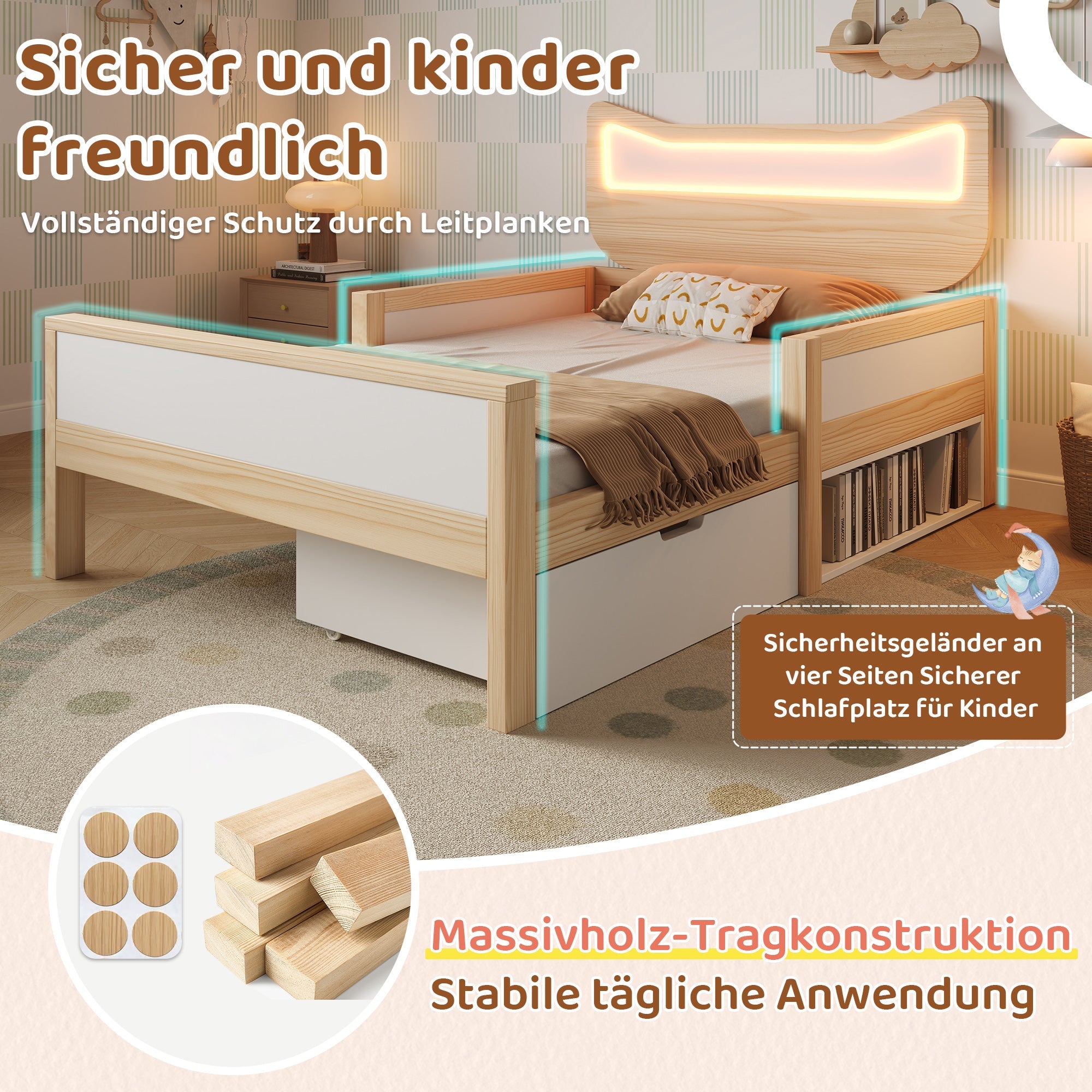Children's Bed with Cat Ear Headboard, RGB LED Lighting, Storage Drawer and Safety Rails, 90x190cm, White and Oak