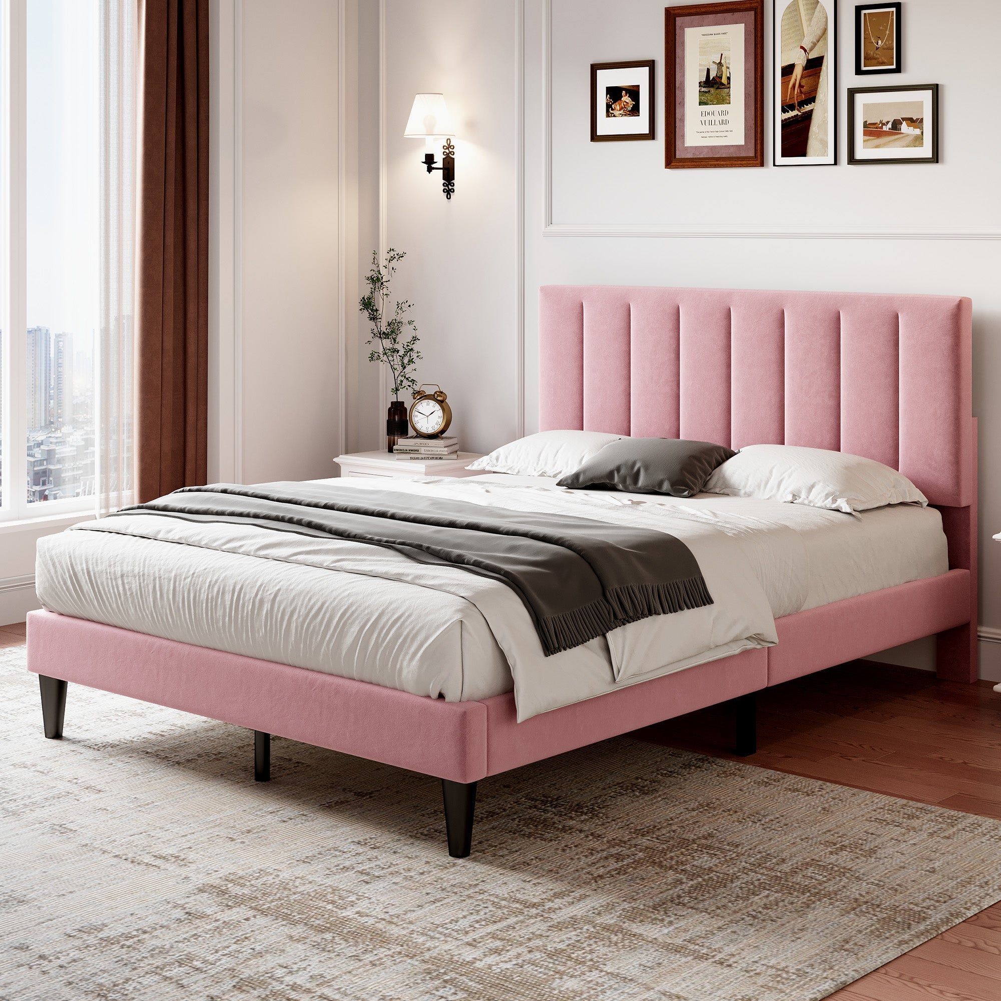 4ft6 Double Upholstered Velvet Bed Frame, Adjustable Channel Tufted Headboard, Pink