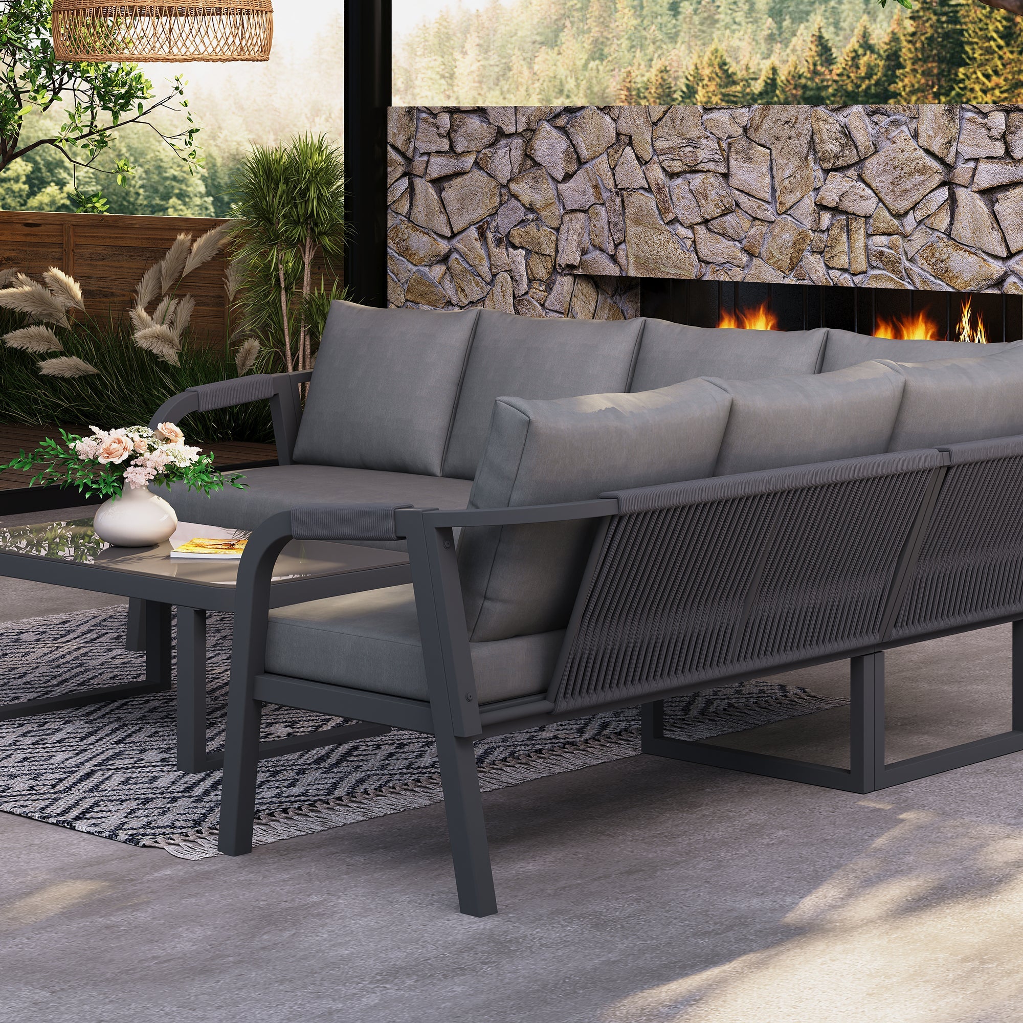 Garden Furniture Set with Corner Sofa and Coffee Table, Seats 6, Grey Galvanized Steel