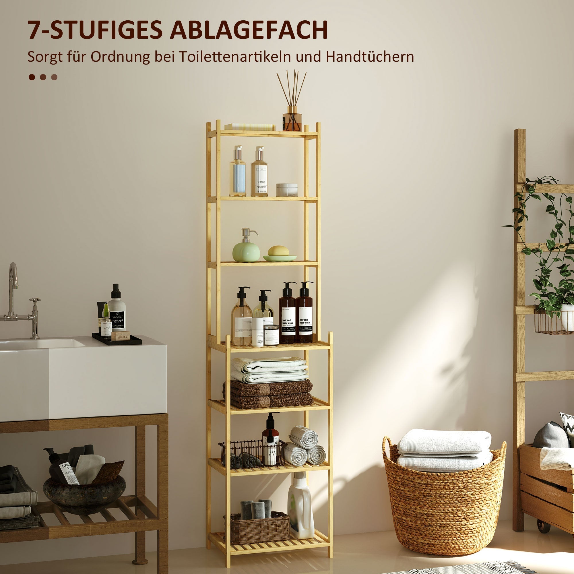 Badezimmerregal, 7-stöckiges Standregal, Bambus natur
