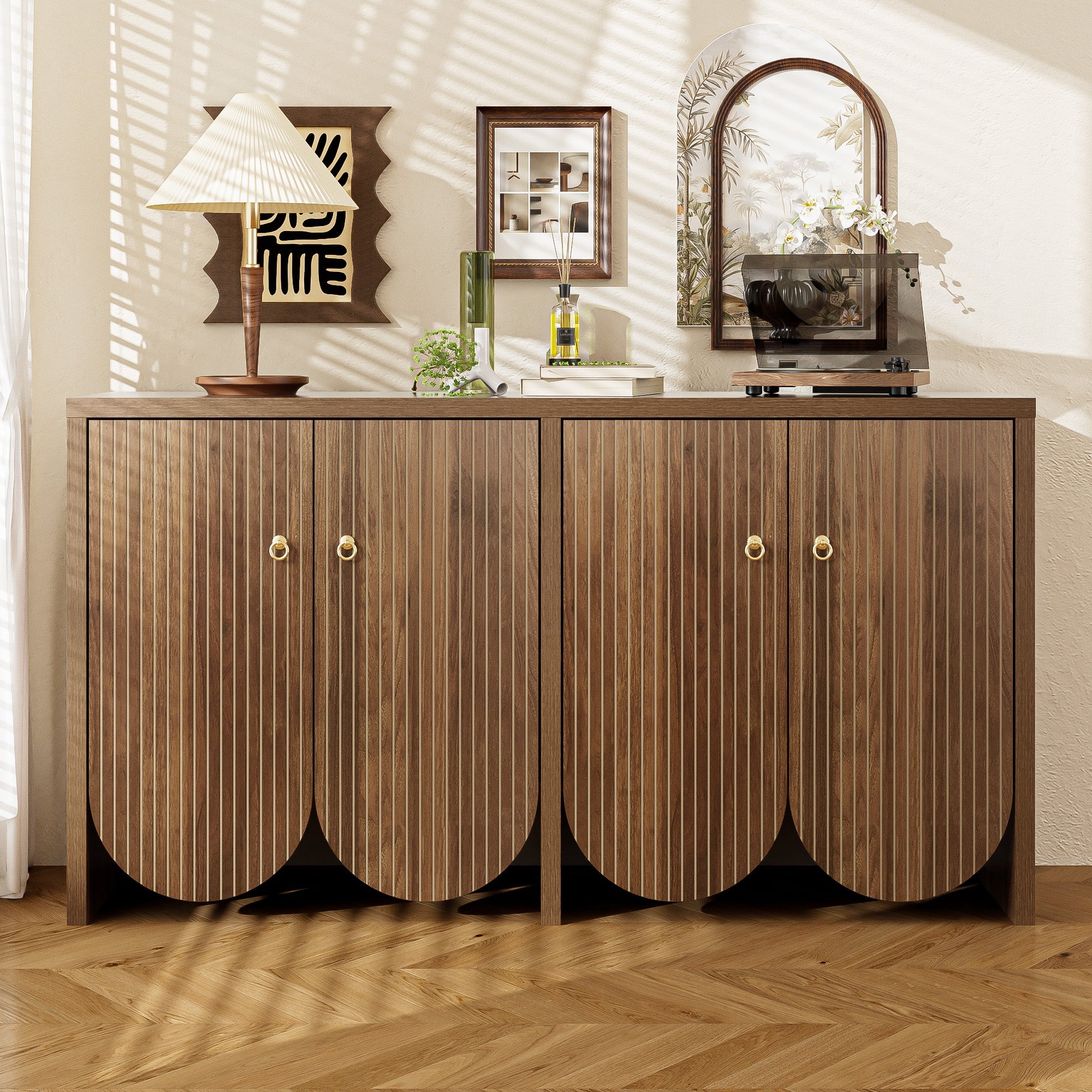 Sideboard Storage Cabinet 4 Doors Adjustable Shelves, Walnut Finish