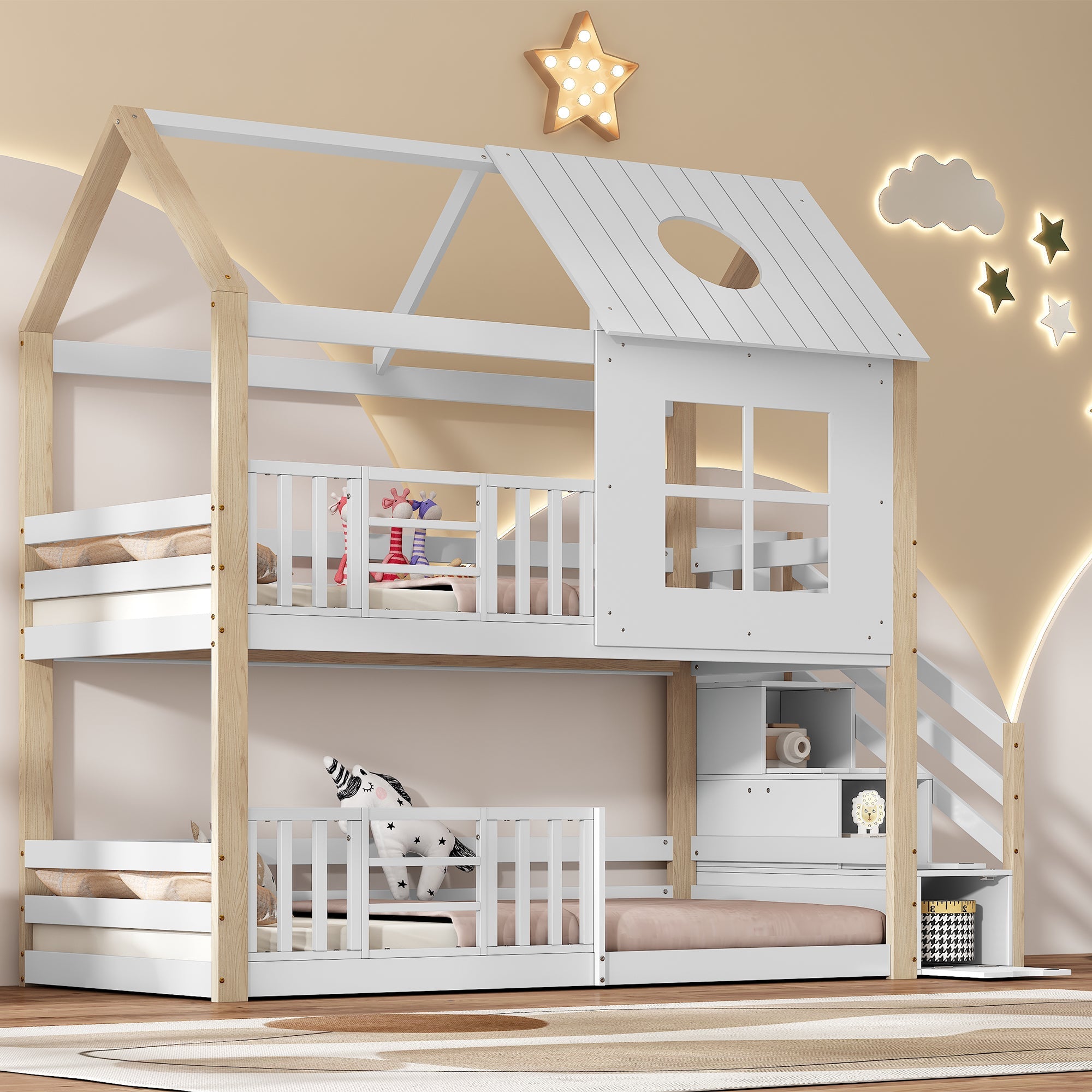 Bunk Bed House Bed with Storage Stairs, Safety Rail, Window, 90x200cm - Pine+MDF, White+Natural