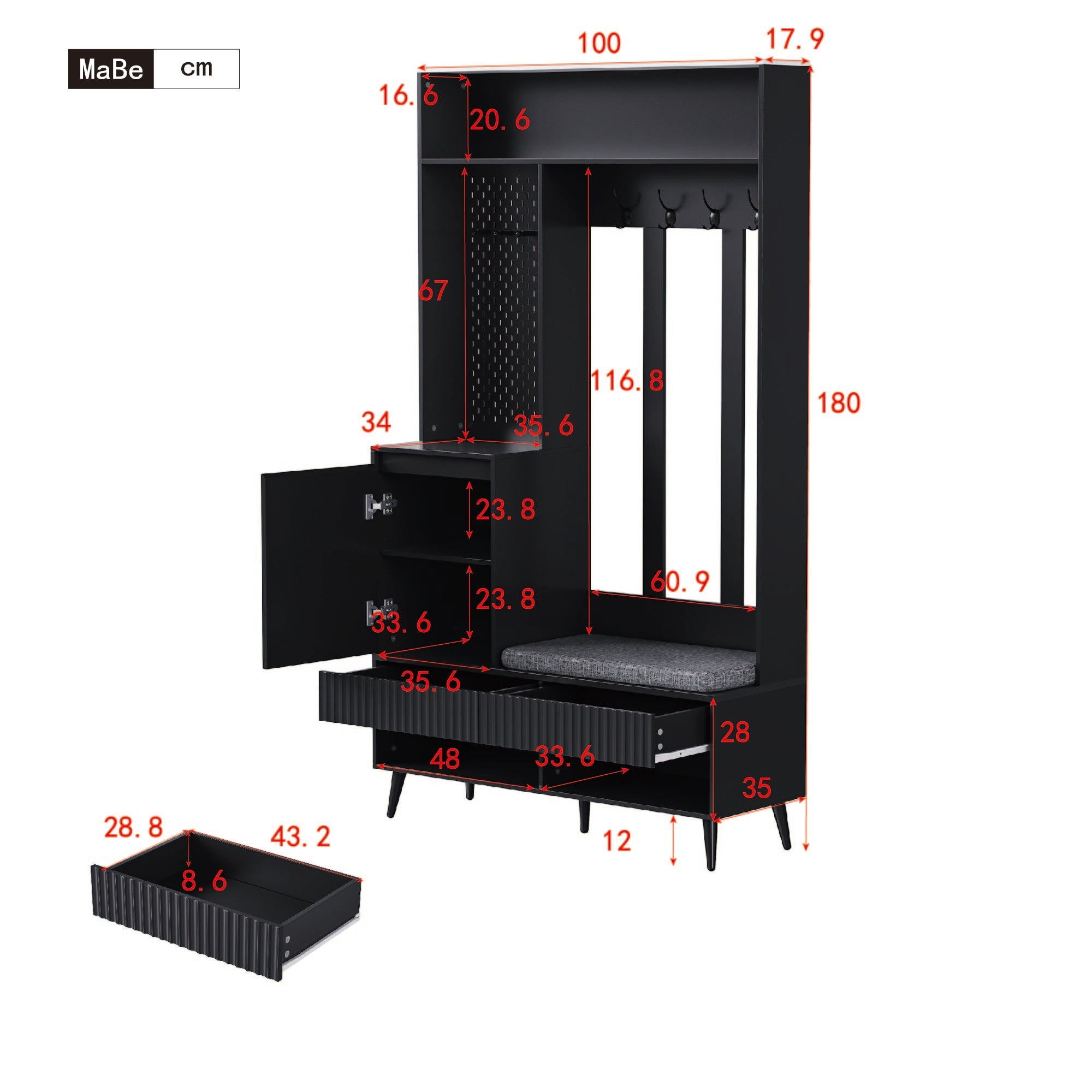 Wardrobe set with shoe bench, 4 coat hooks, two drawers, 1 door, black