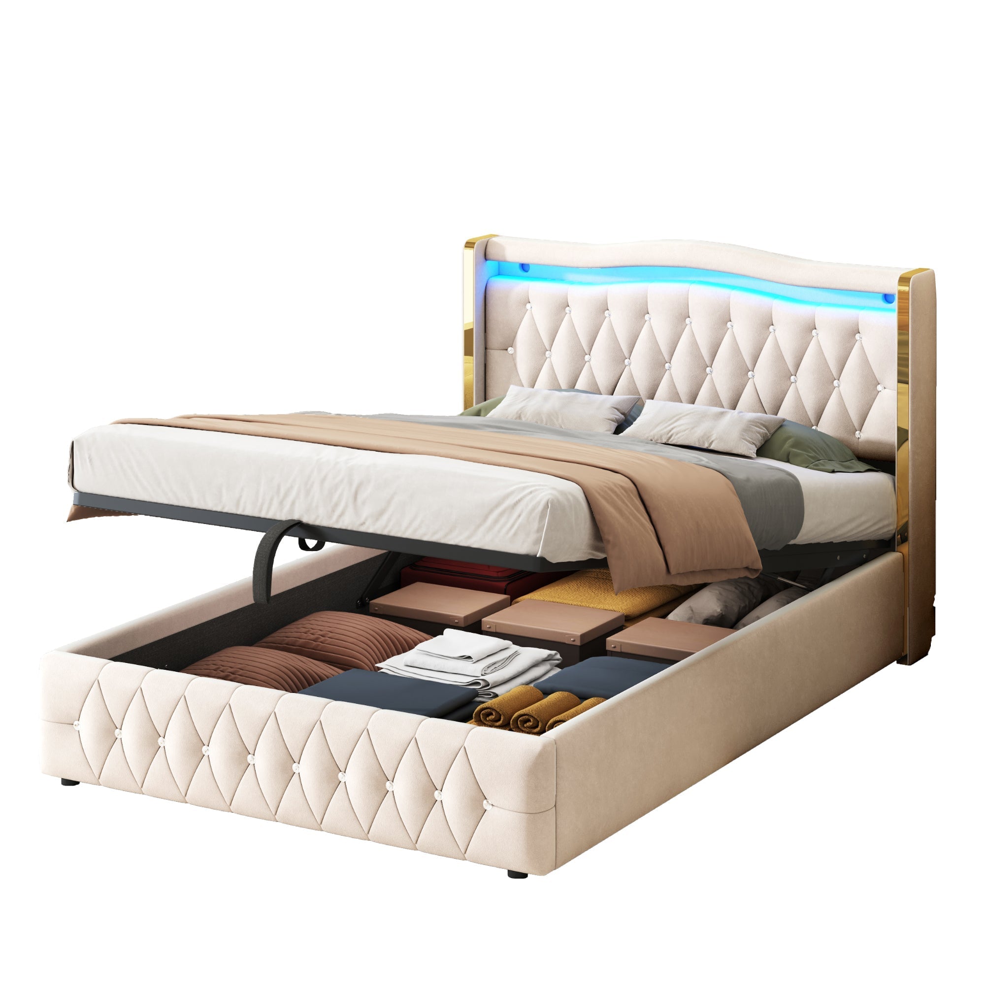 Upholstered Bed, 140x200cm, LED, Hydraulic Storage, Velvet Fabric, Beige