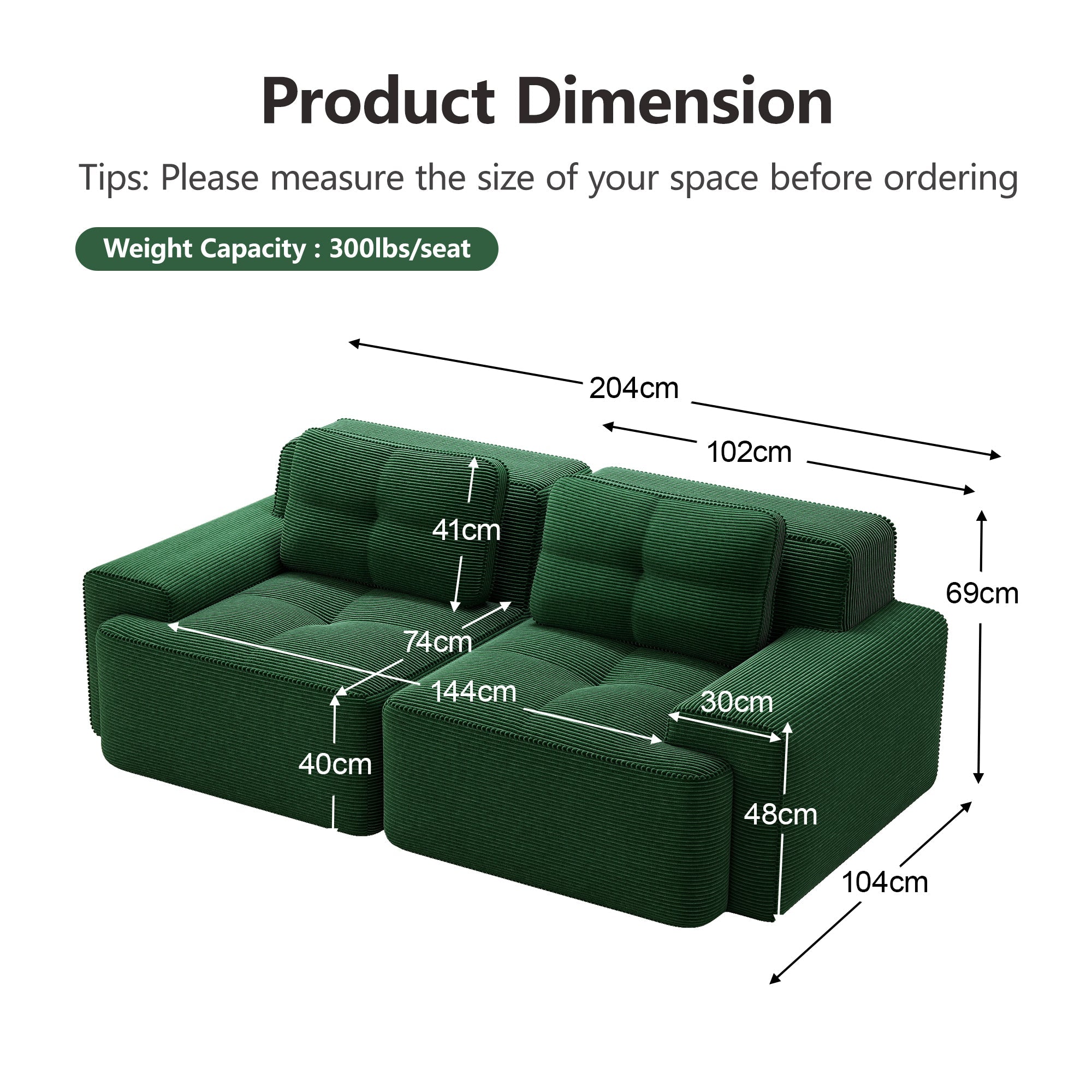 Boneless Modular Sofa Deep Seat Sleeper - Green Corduroy