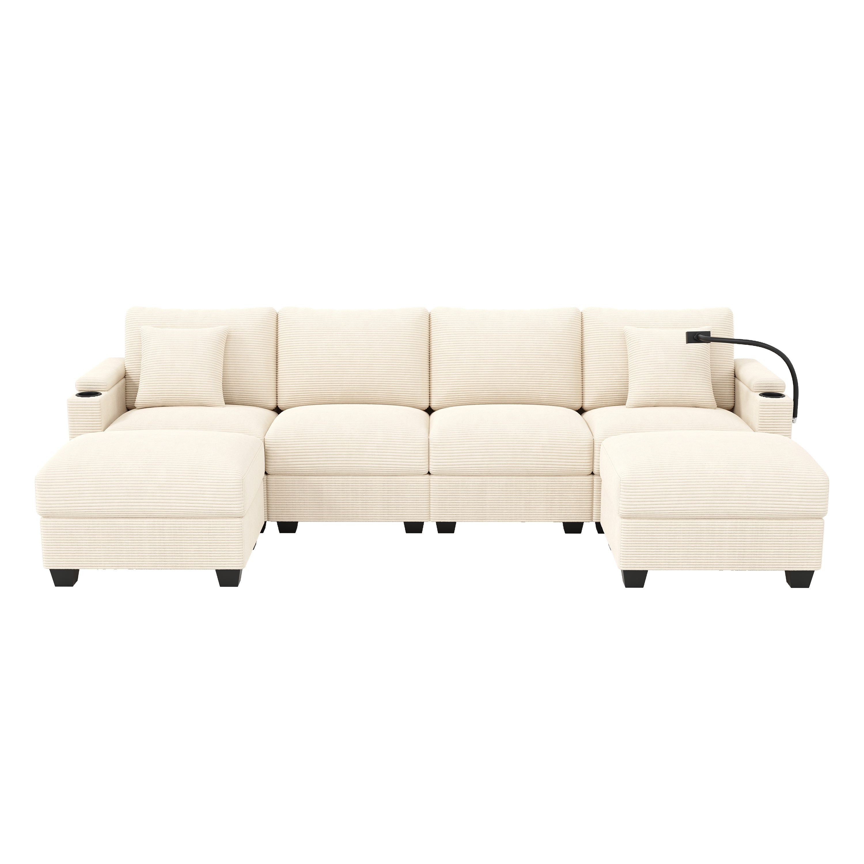 U-Shaped Modular Sofa with Sleeping Function, Phone Holder and USB Port, Beige Corduroy