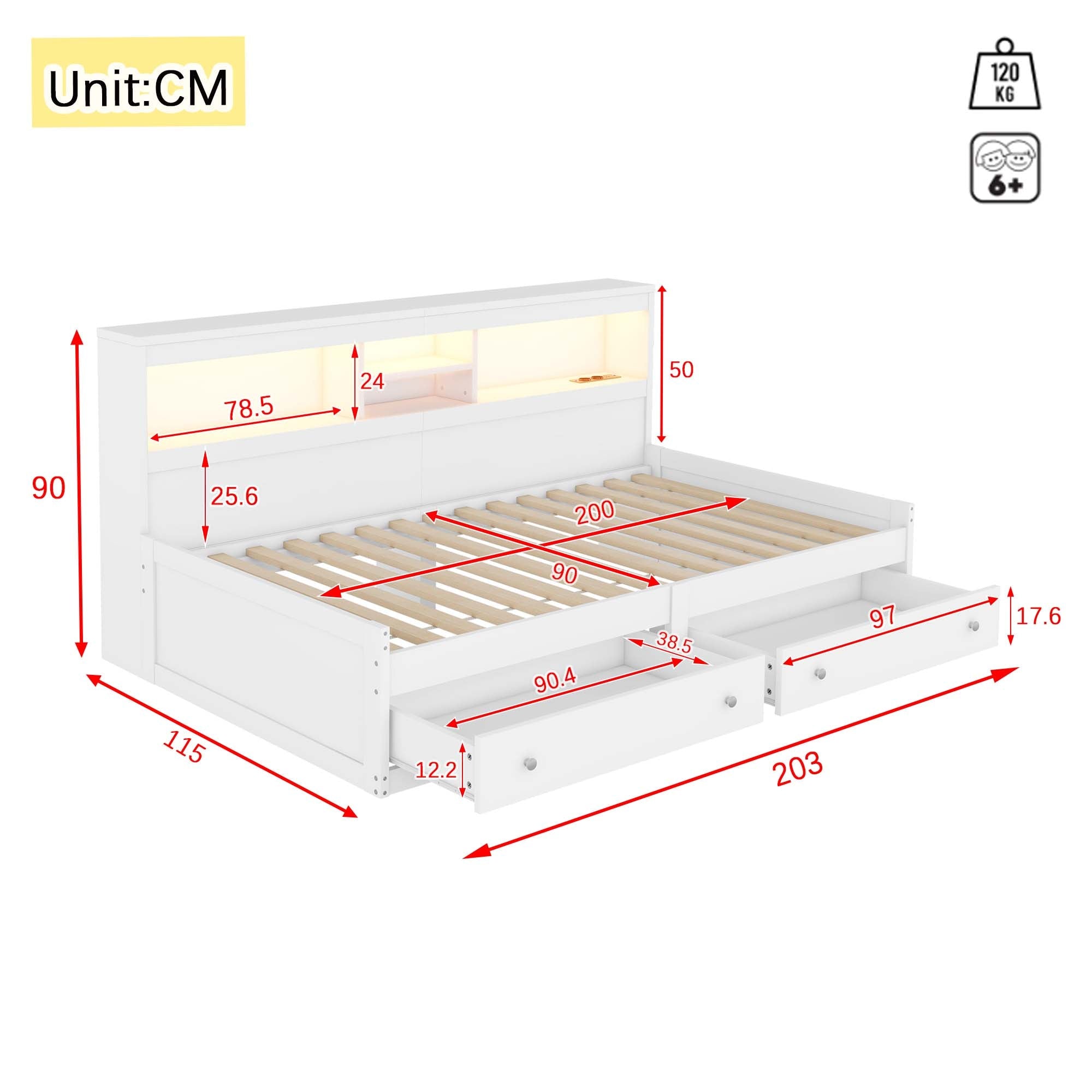 Daybed Sofa Bed 90x200cm Storage Drawers LED USB Charging - White Chipboard