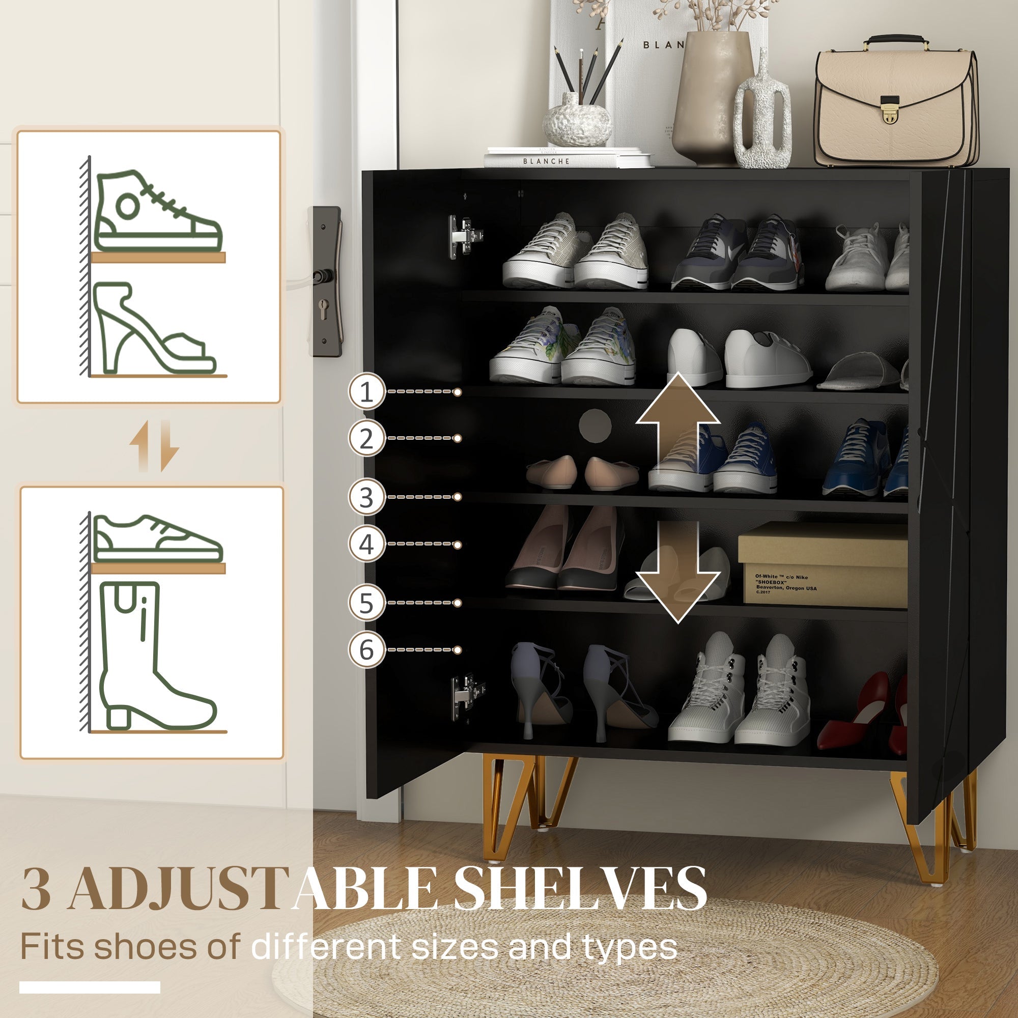 Narrow Shoe Storage Cabinet with Soft-Close Hinges, Adjustable Shelves, Black