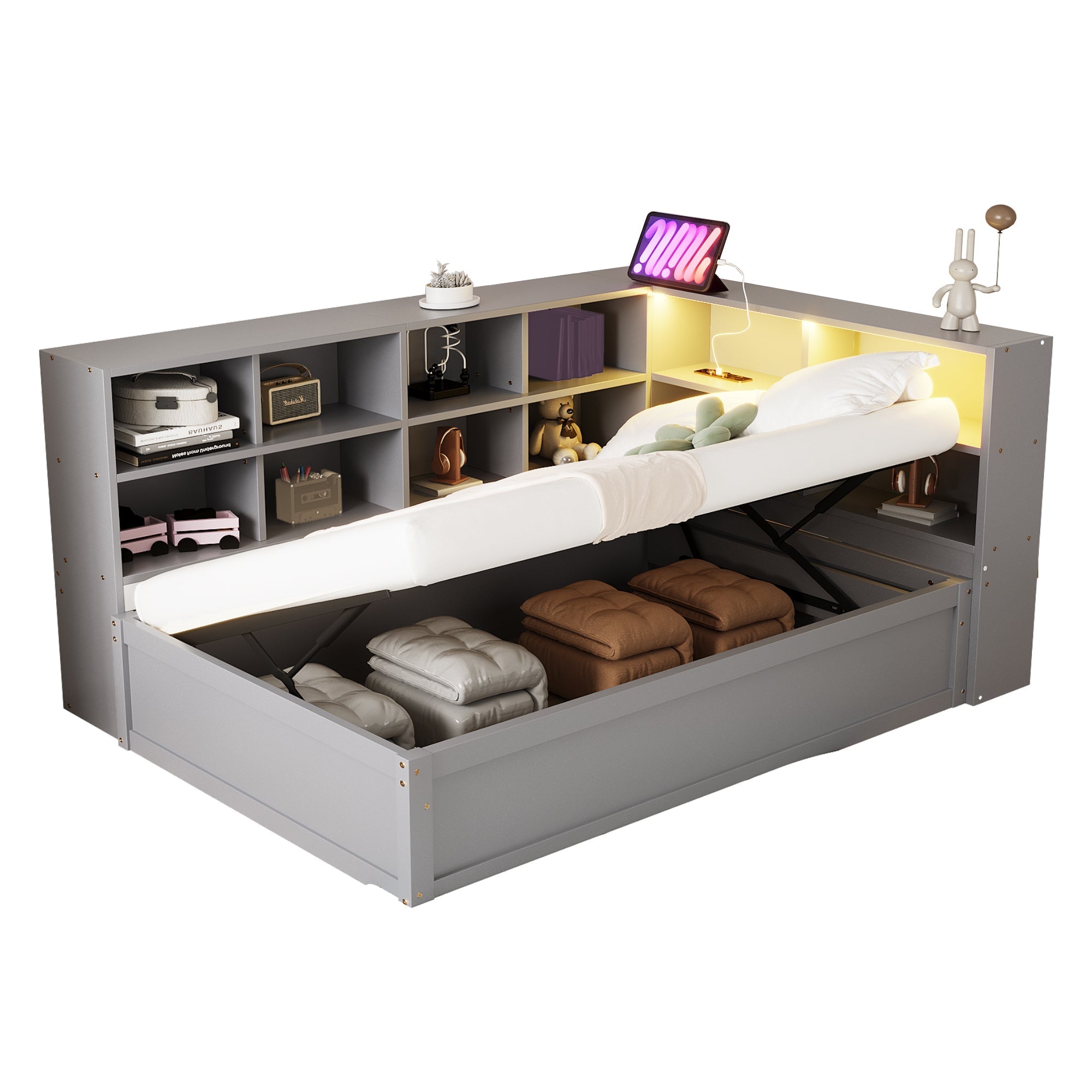 Sofa bed 90*200, multiple sockets, storage, light bar, hydraulic, solid wood, single, multifunctional wooden, gray