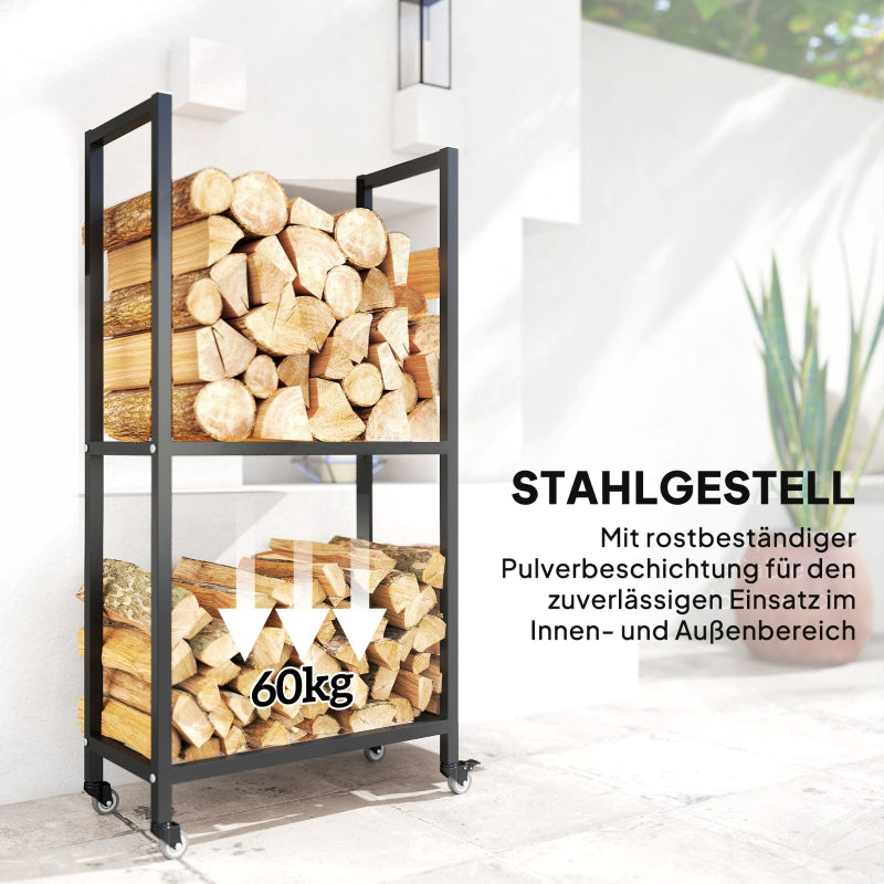 Indoor Firewood Rack 2 Levels With Wheels Steel - Black
