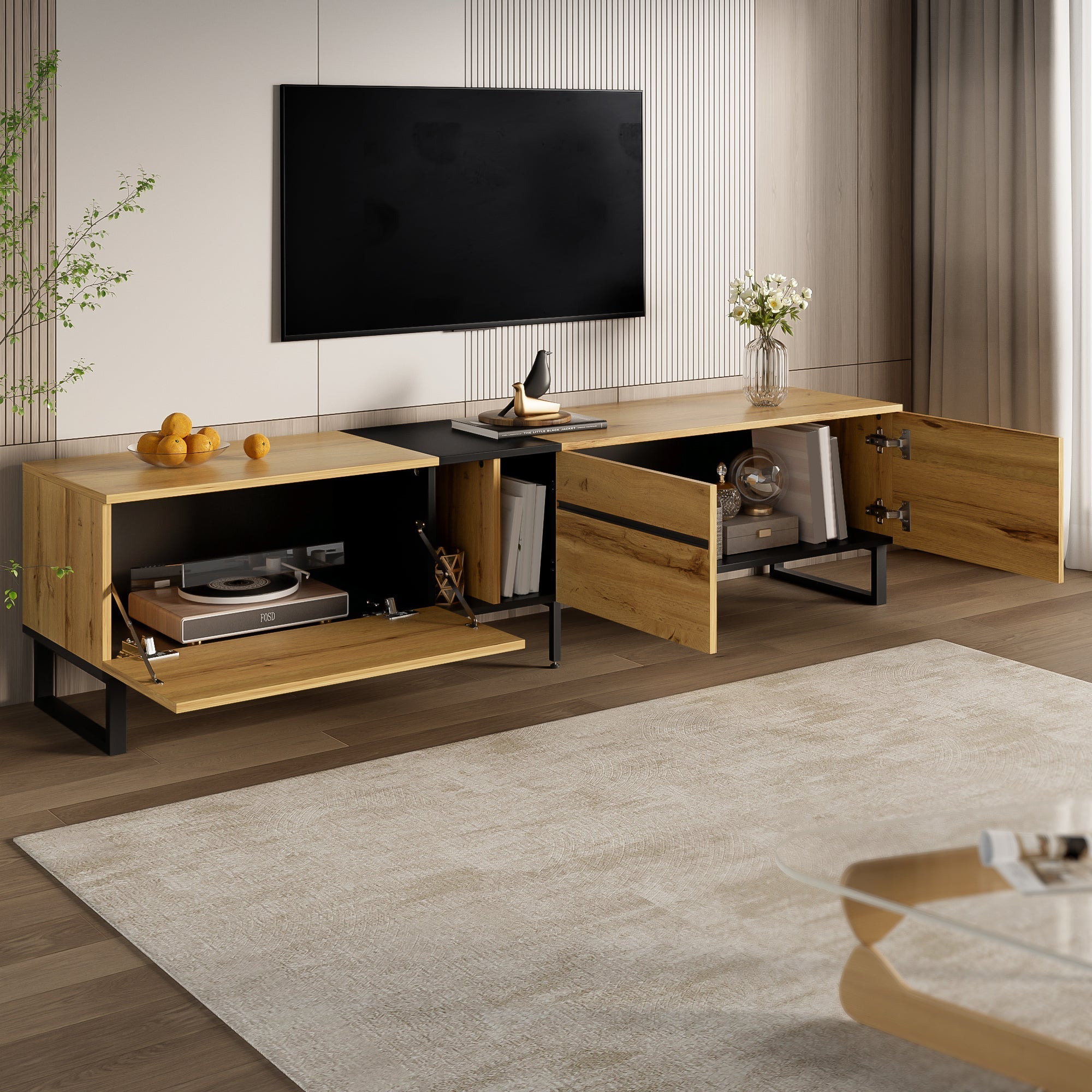 Modern TV Lowboard 180cm Drop-Down Open Shelves Double Doors