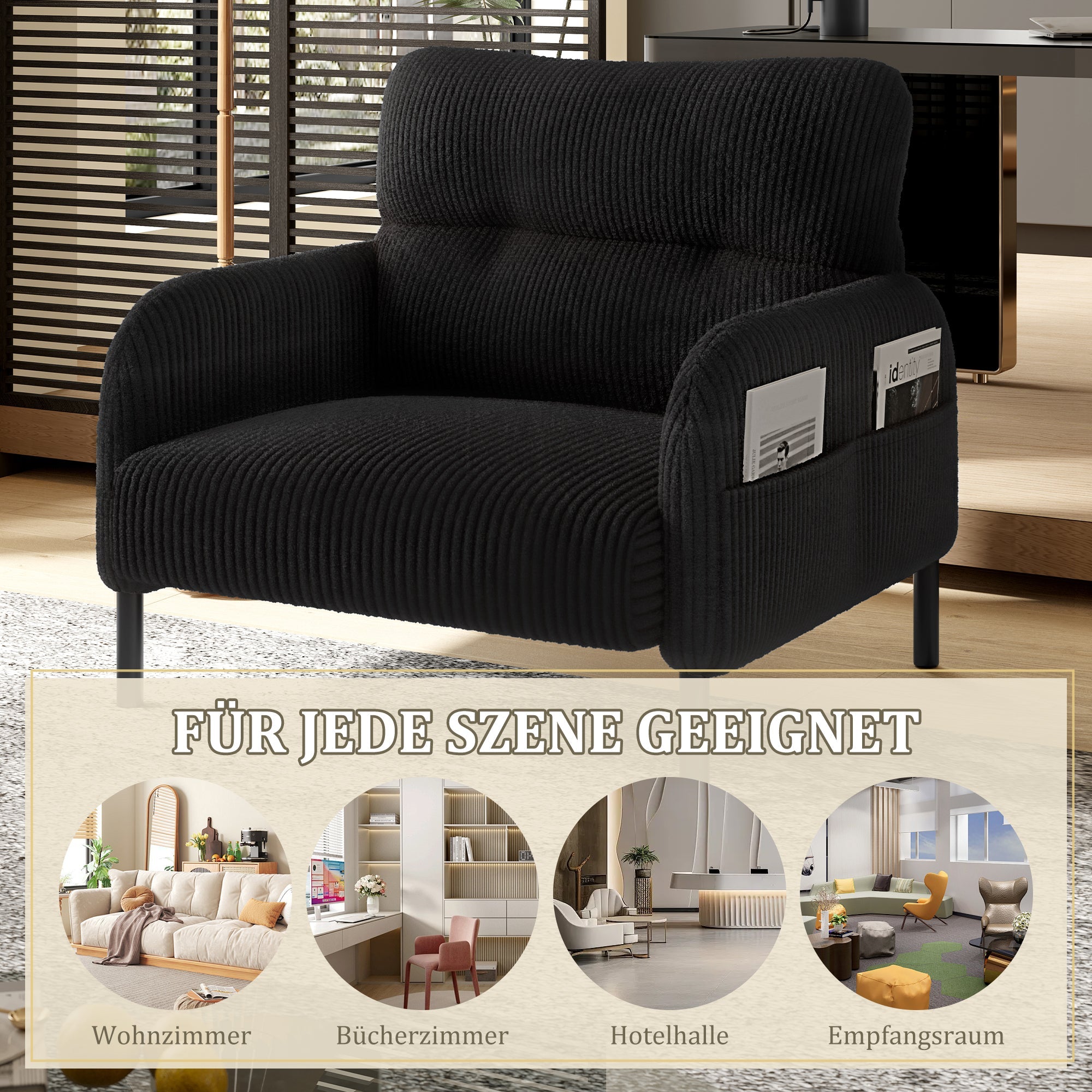 Sofa/Chair Comfortable with Side Pockets, Solid Structure - Velvet Fabric