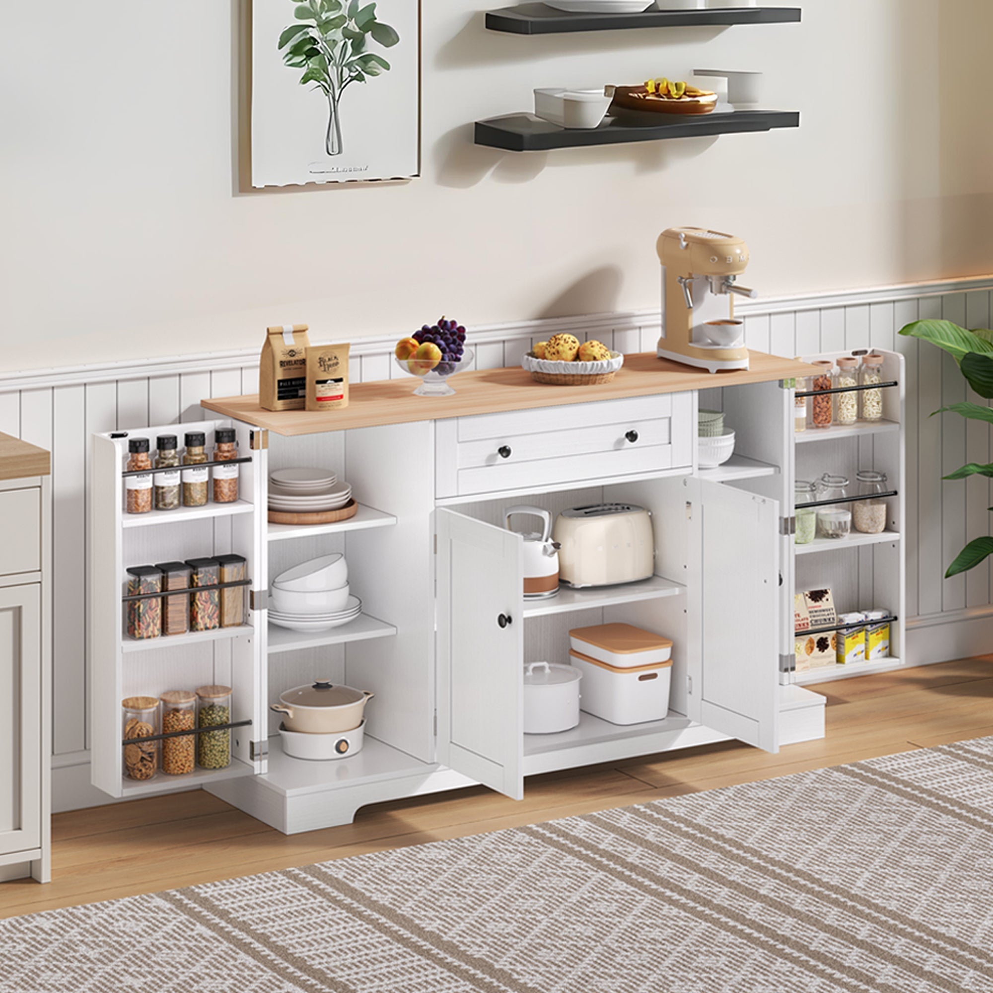 Multifunctional Kitchen Buffet 138cm Drawer Adjustable Shelves
