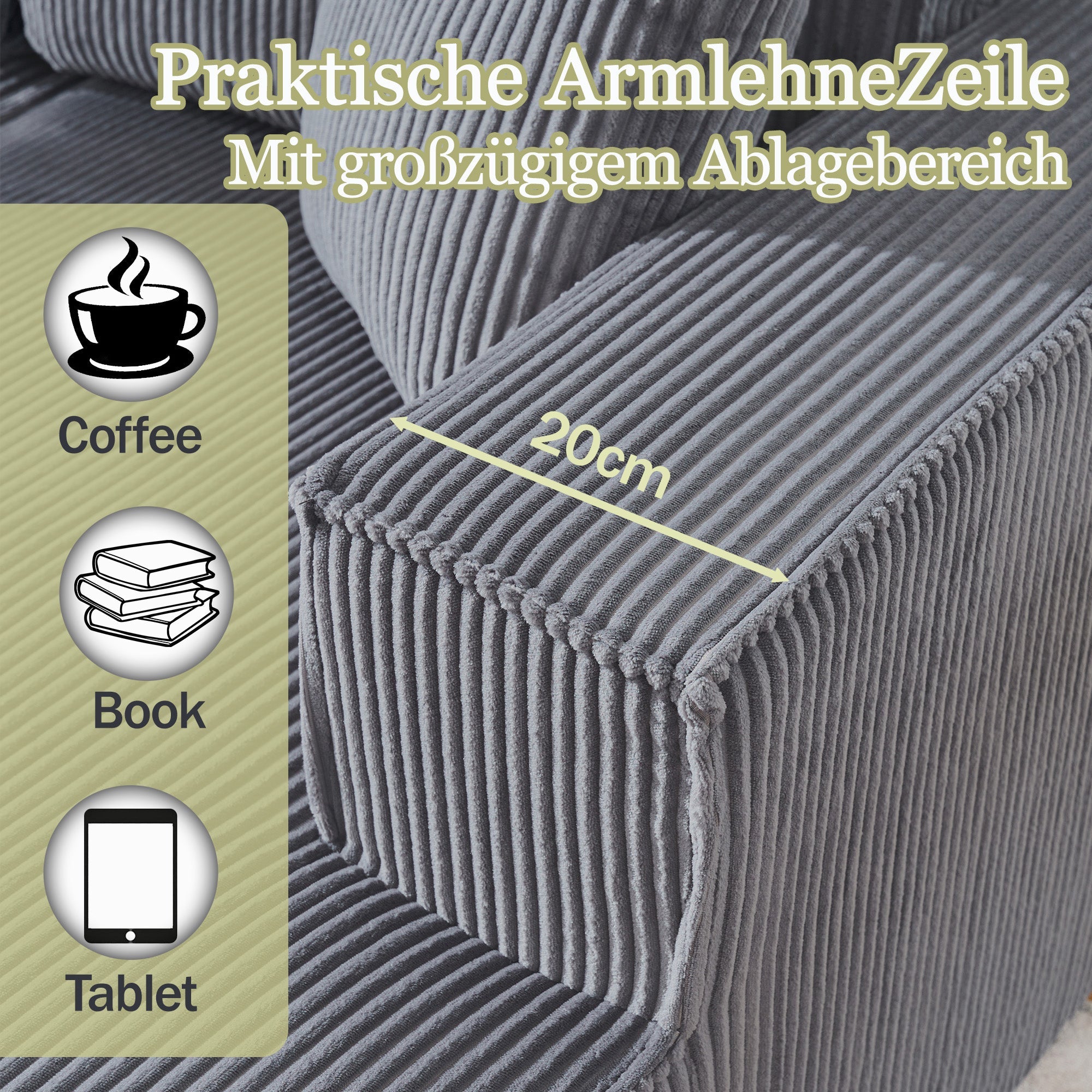 Modular L-Shaped Sofa with Chaise Longue and High-Density Foam, Gray Corduroy