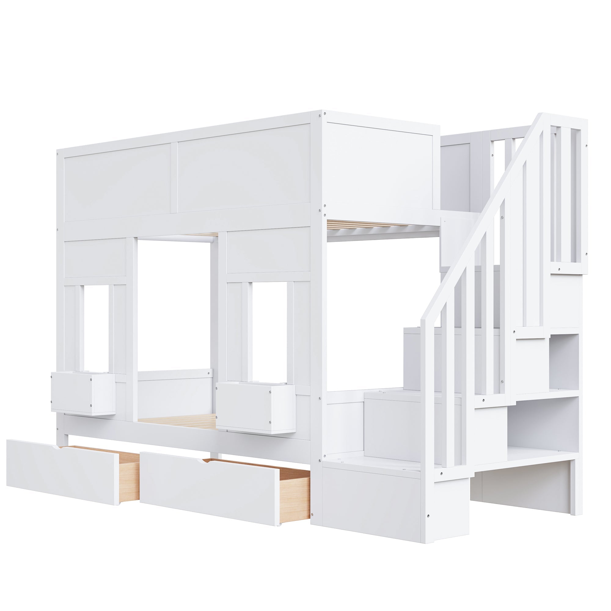 Bunk Bed with Storage Stairs, Drawers and Windows, 90x200cm, Wood