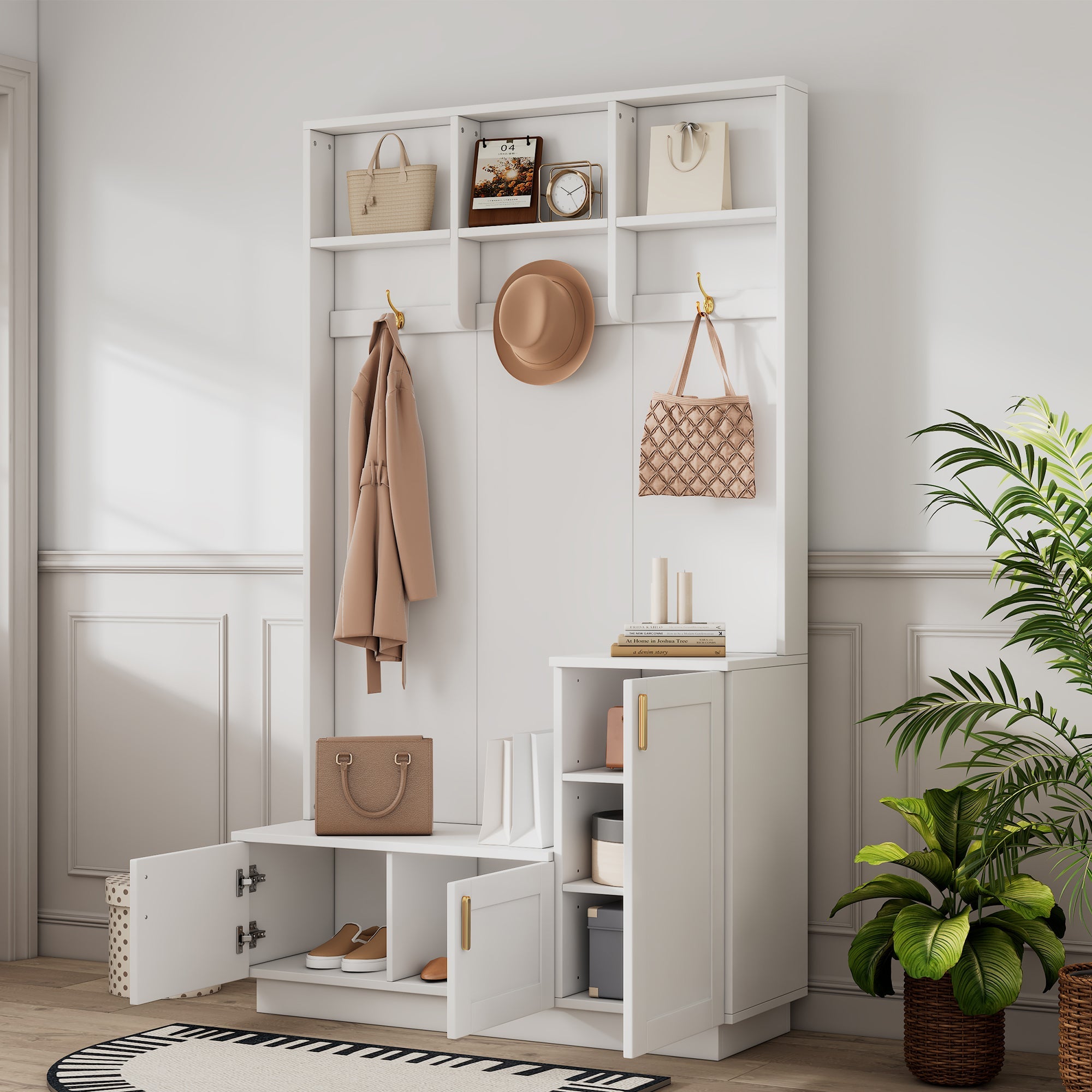 Wardrobe Set with Bench & Shoe Rack, Multifunctional Storage, White