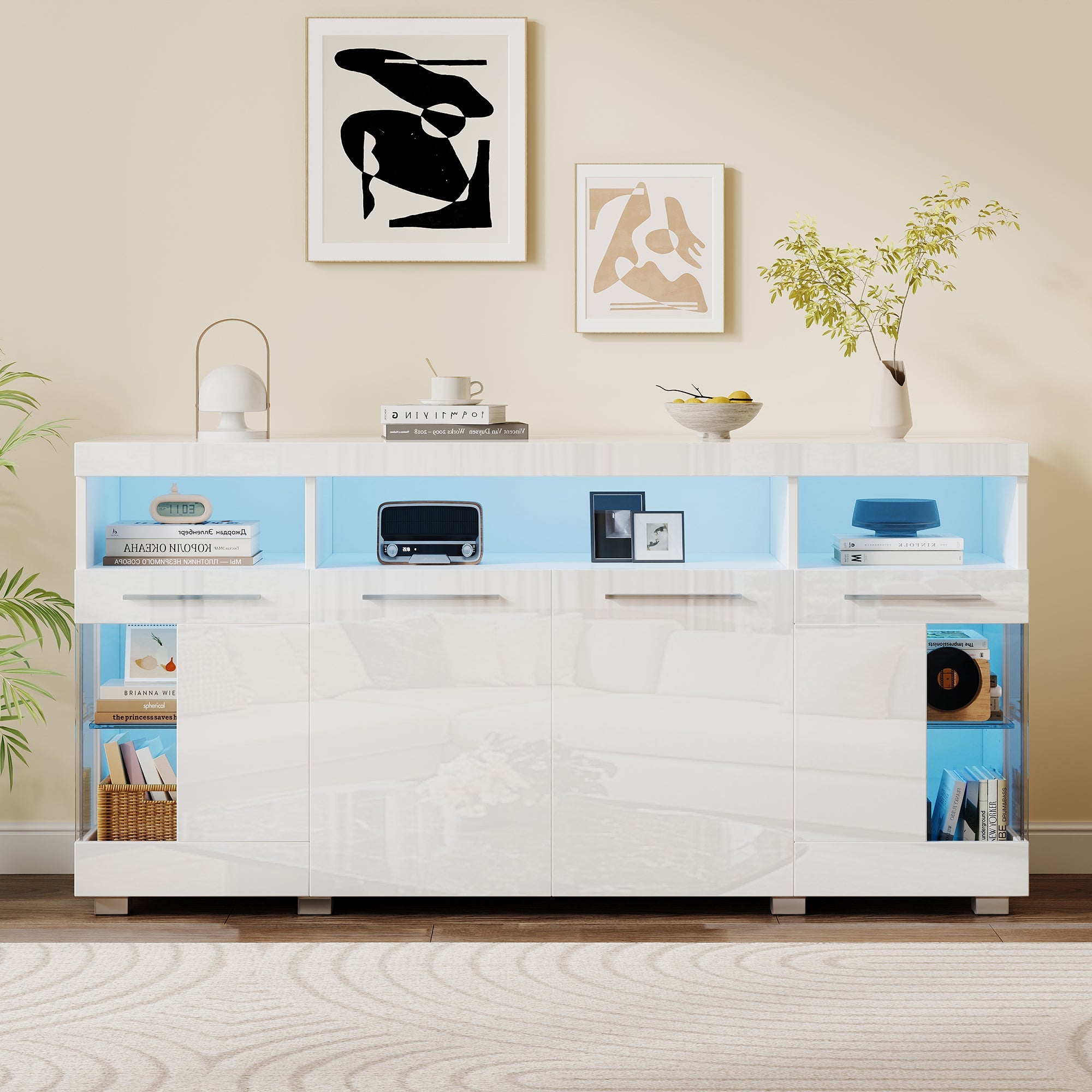 Side Table High-Gloss Sideboard 140x40x70cm LED Light 3 Compartments, White