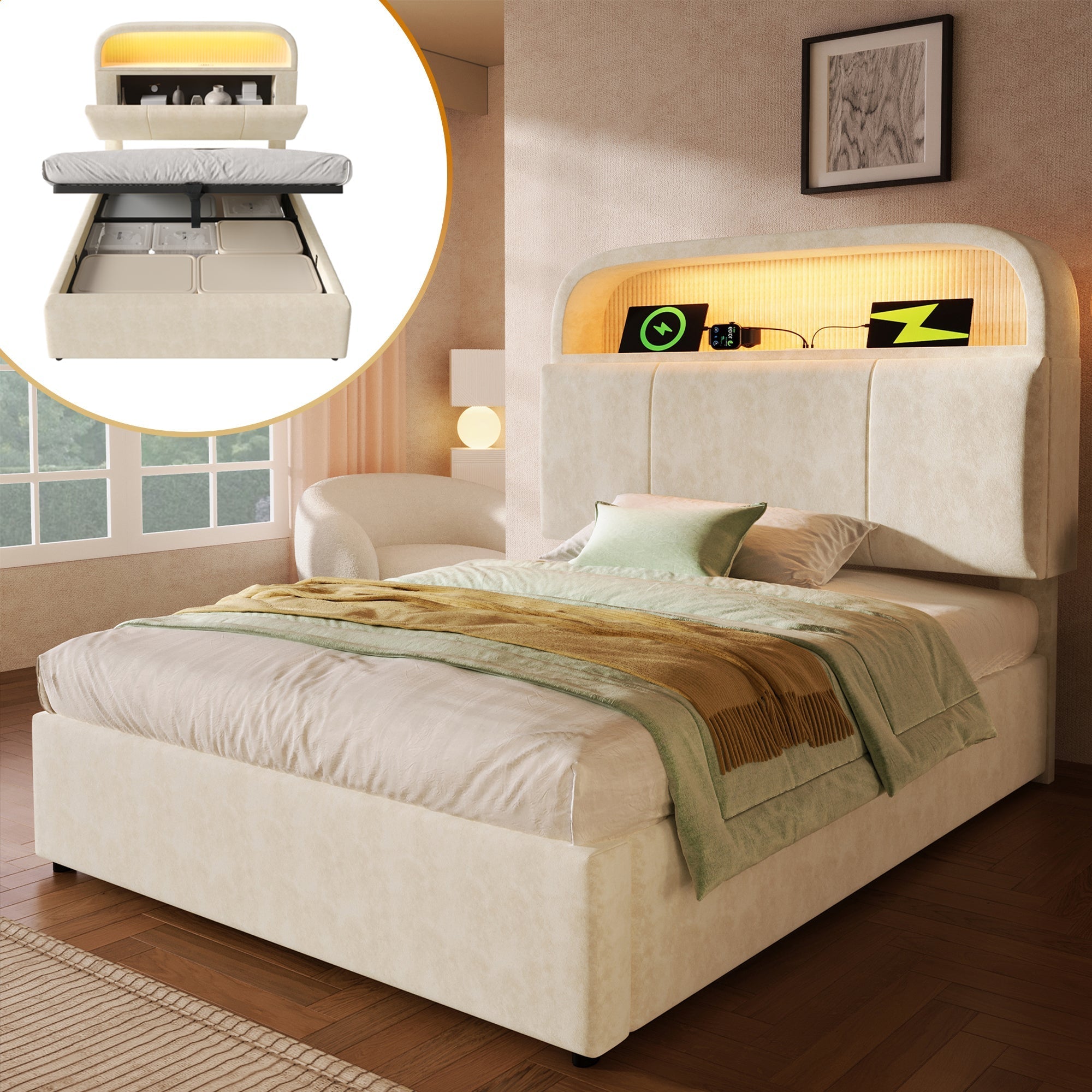 Upholstered Single Bed 90x200cm Adjustable Storage Headboard Hydraulic LED & USB/Type-C Charging Velvet Beige