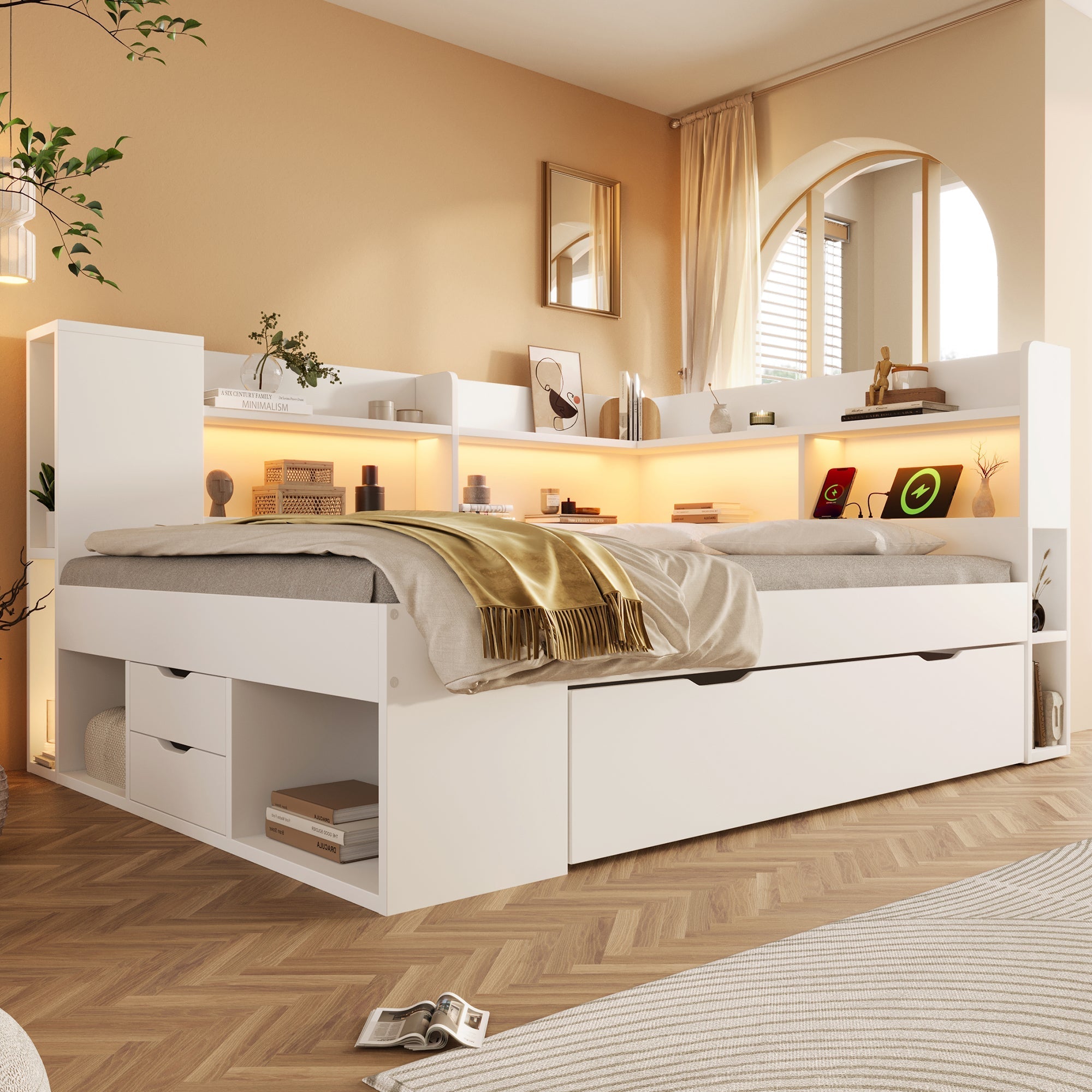 Daybed 140x200cm Functional Double Bed LED USB Storage White Wood