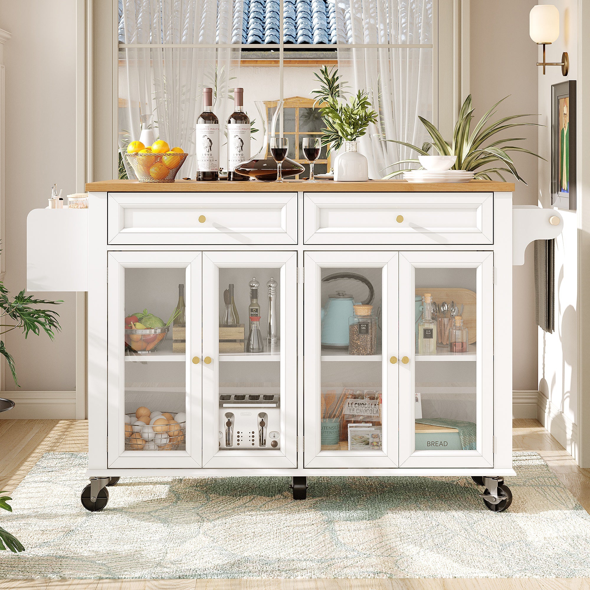Kitchen Island Multifunctional with Wheels Glass Doors, White