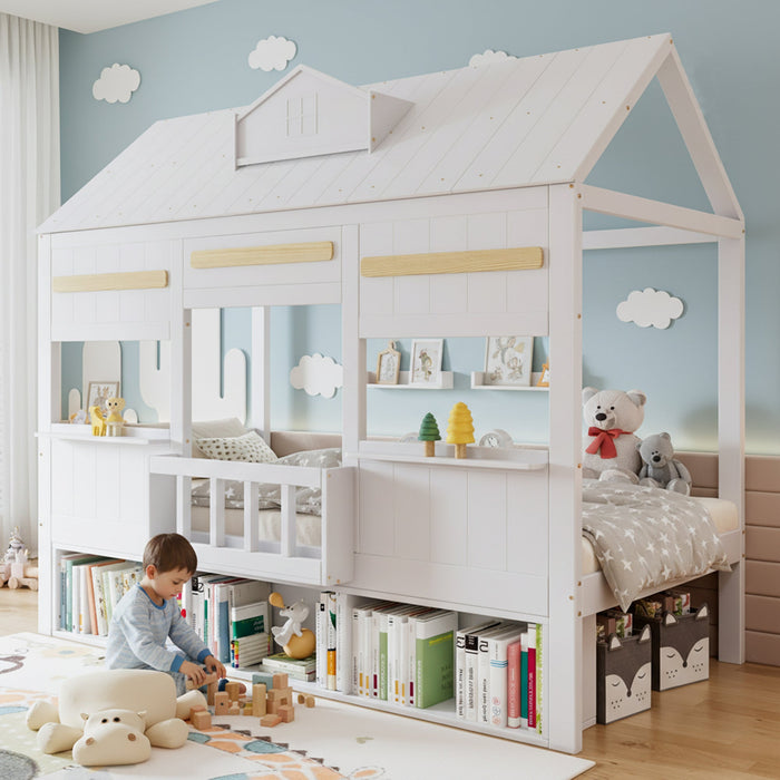 Loft Bed with House-Shaped Design, Bookshelf and Slatted Base, 90x200cm, White Pine + MDF