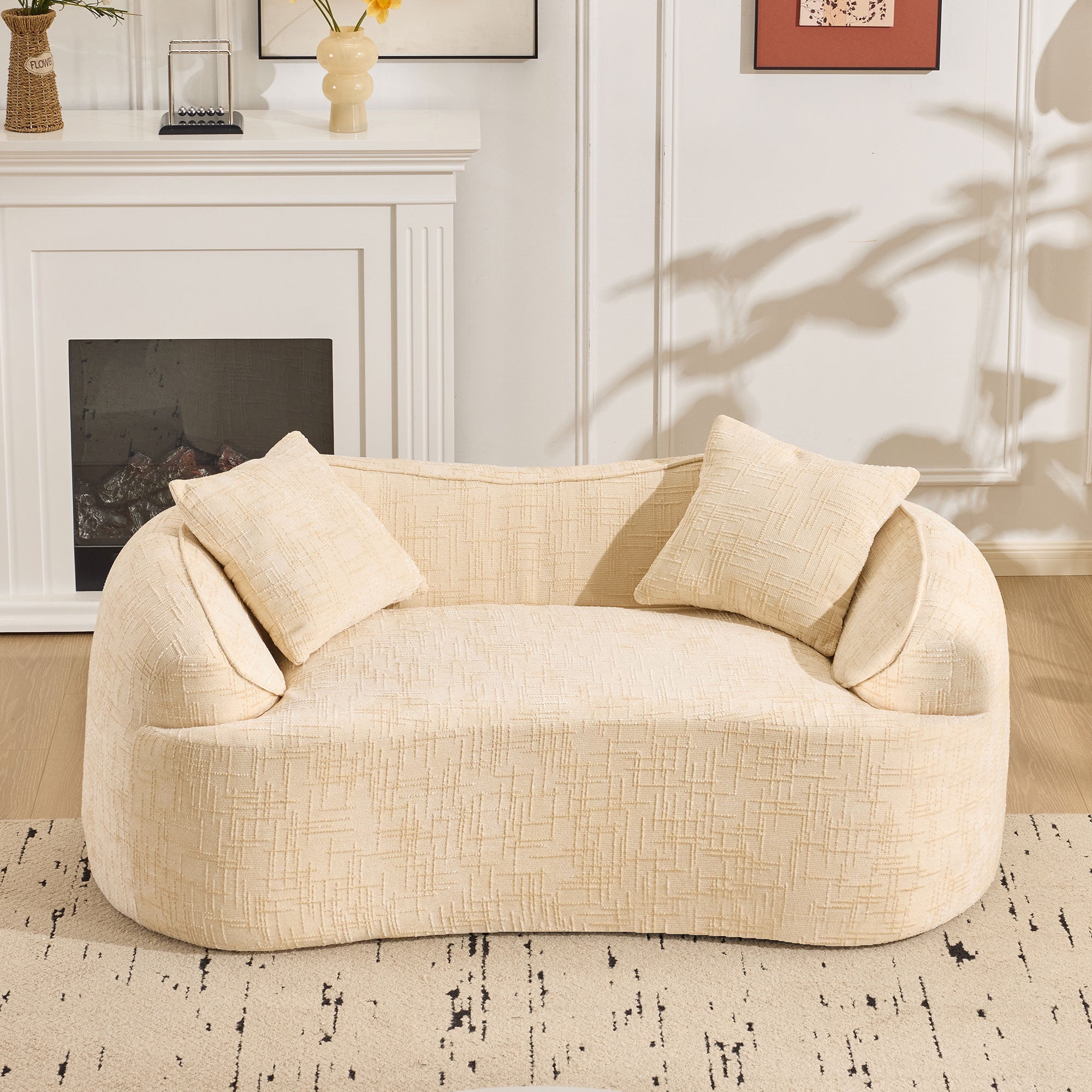 Curved Compression Sofa 2-Seater Armrests & Cushions - Beige