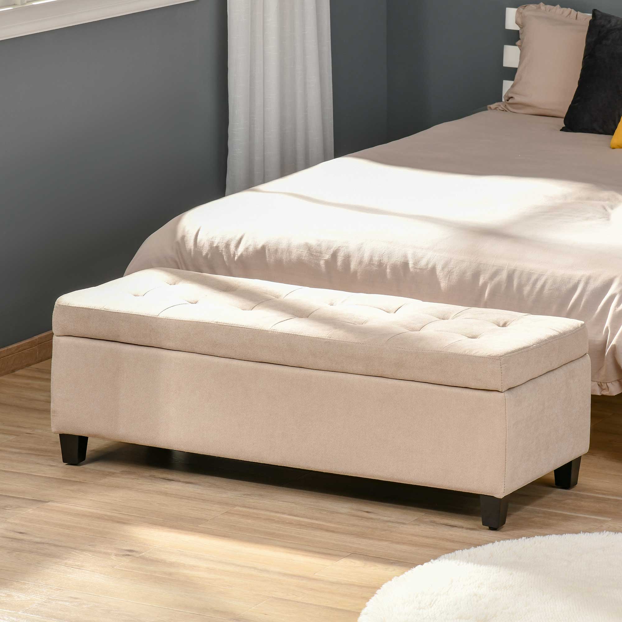 Bench, Upholstered Storage Bed Chest, Linen Beige