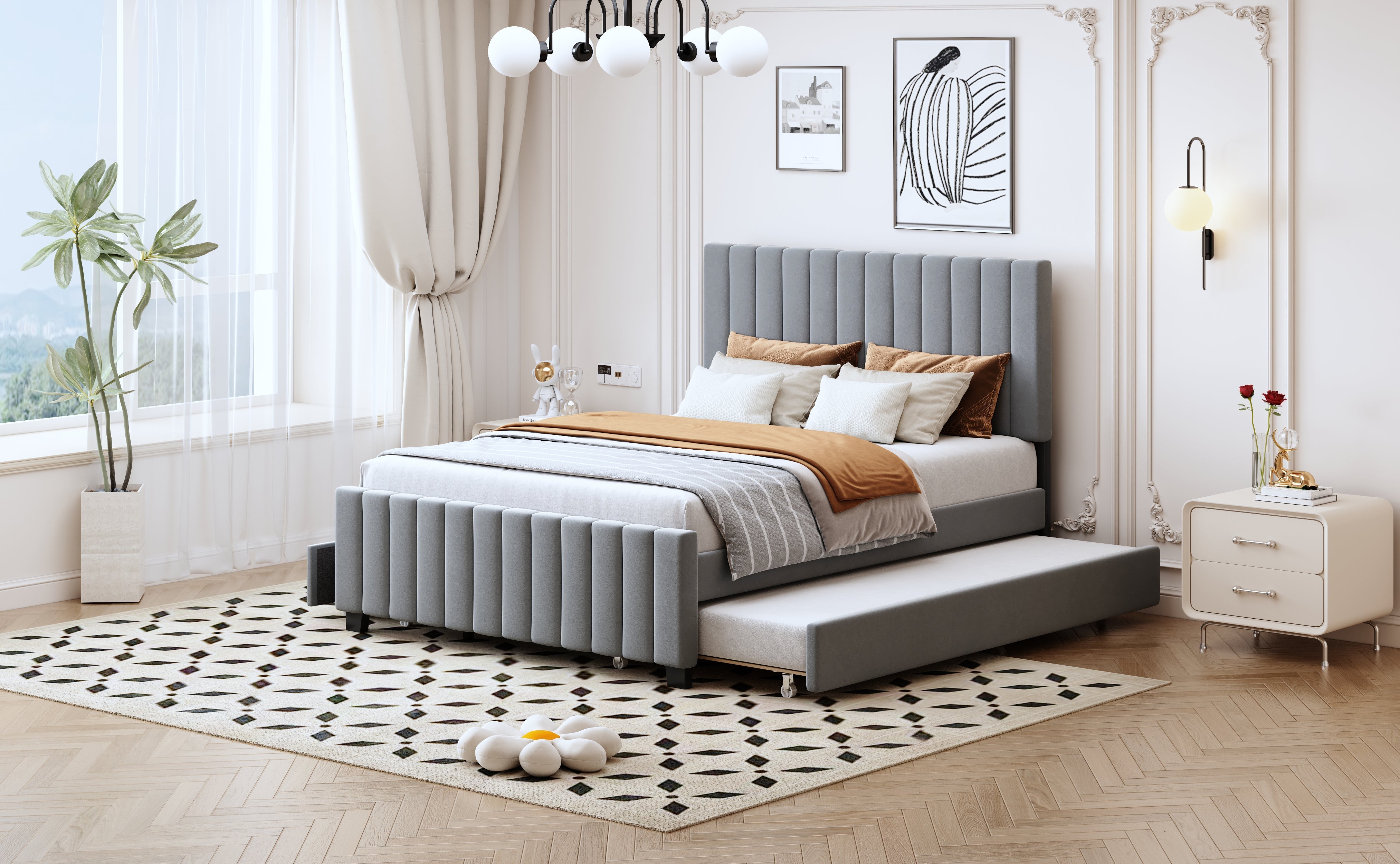 Upholstered Bed 140x190cm, Pull-Out & 2 Drawers, Velvet, Grey