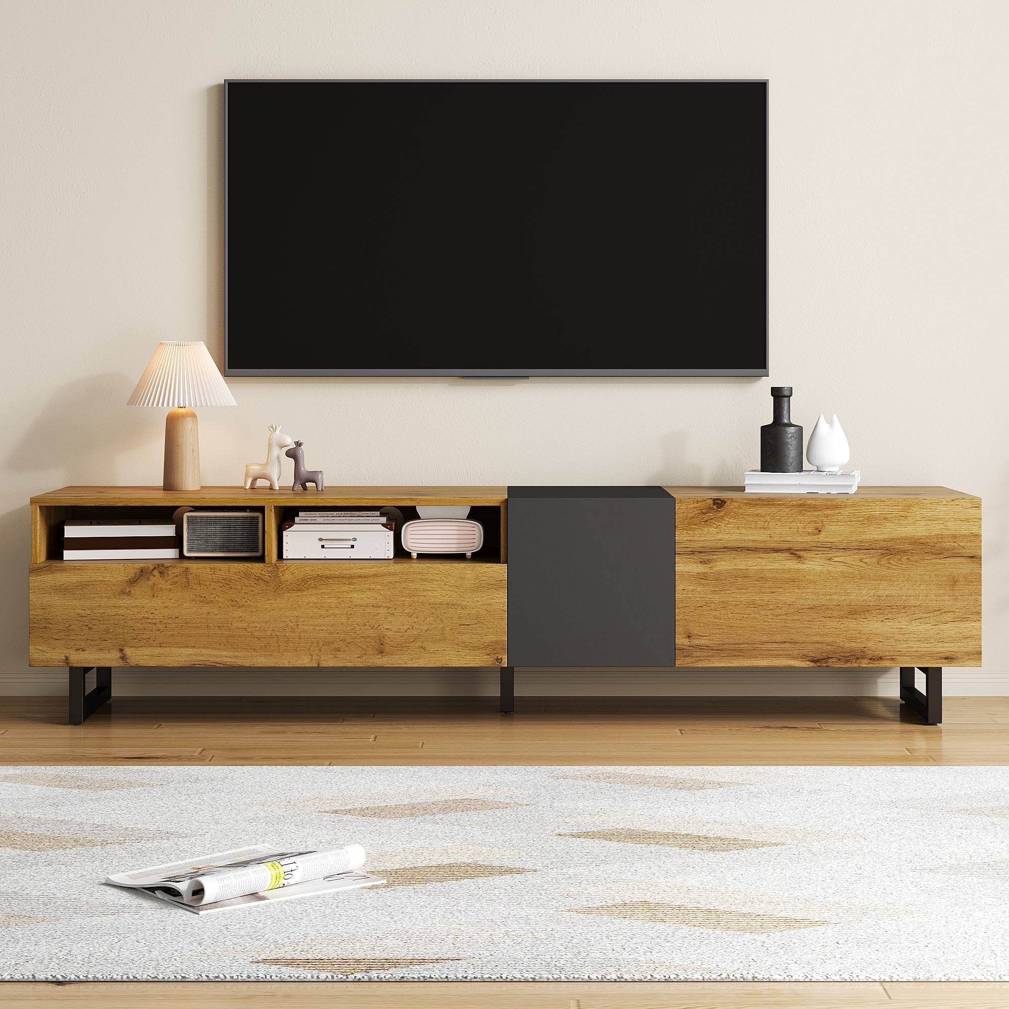 Colorblock TV Cabinet, 3 Doors 2 Compartments U-shaped Metal Legs, Retro Wood Grain