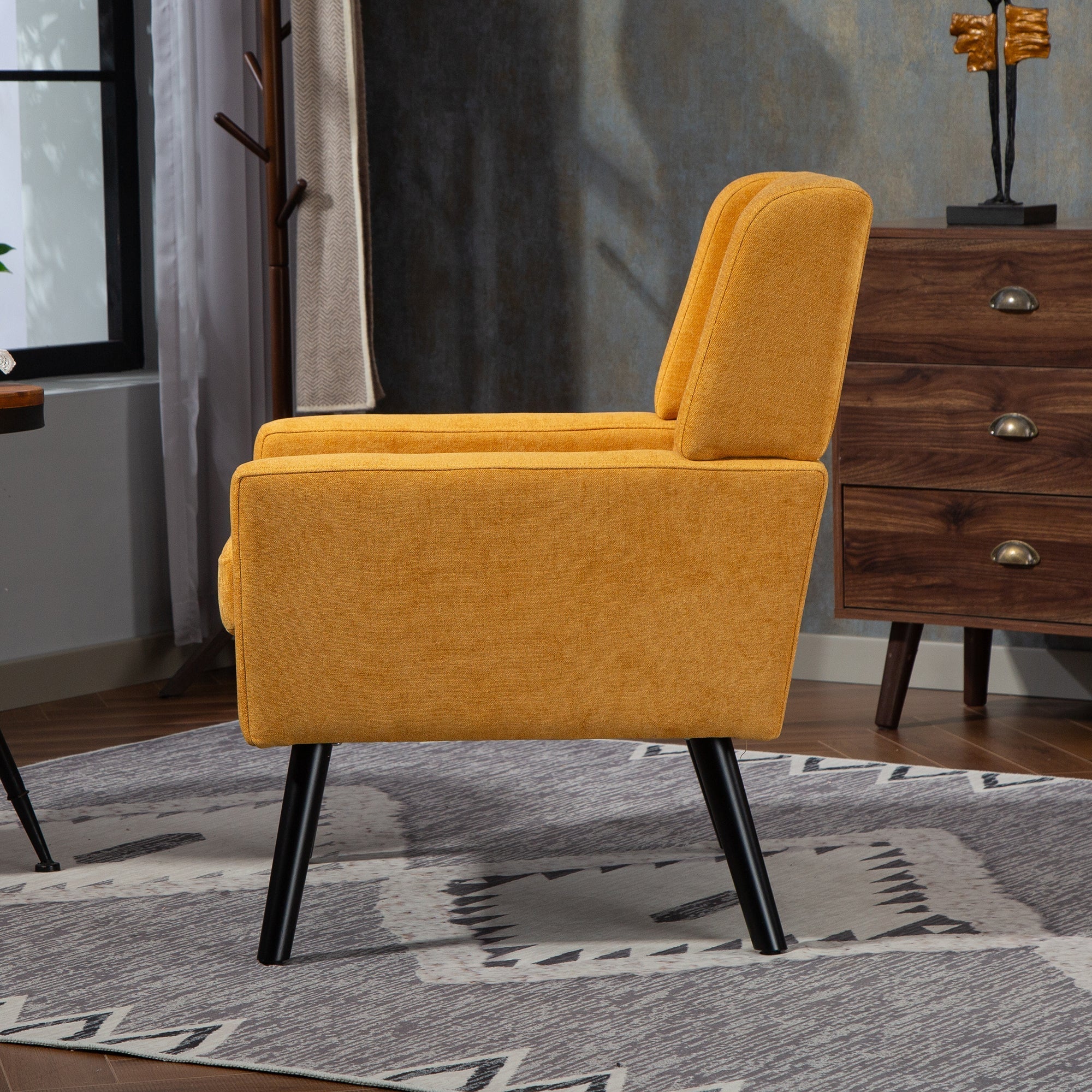 Upholstered Armchair with Buttoned Padding and Solid Wood Legs, Suede Black
