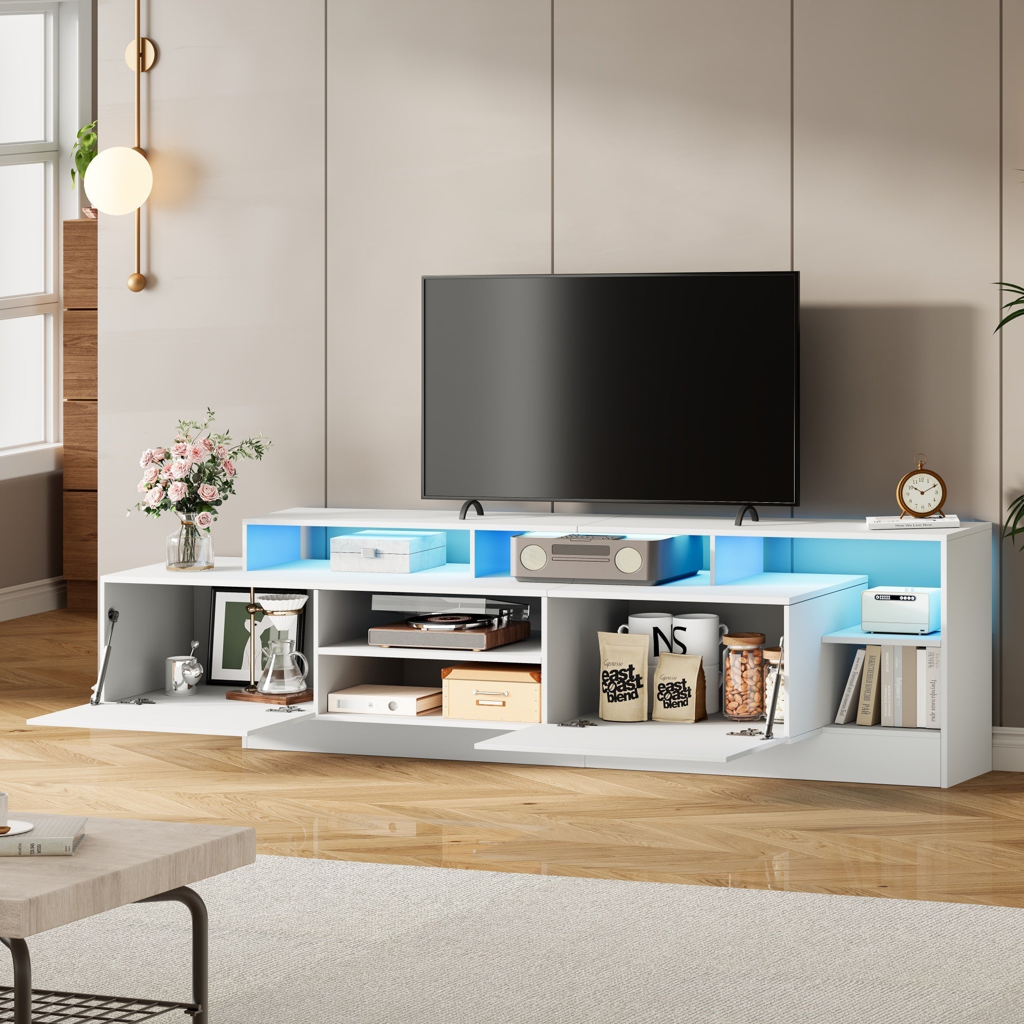 Modern TV Lowboard 190cm LED Open Storage for 70" TV - High-Gloss