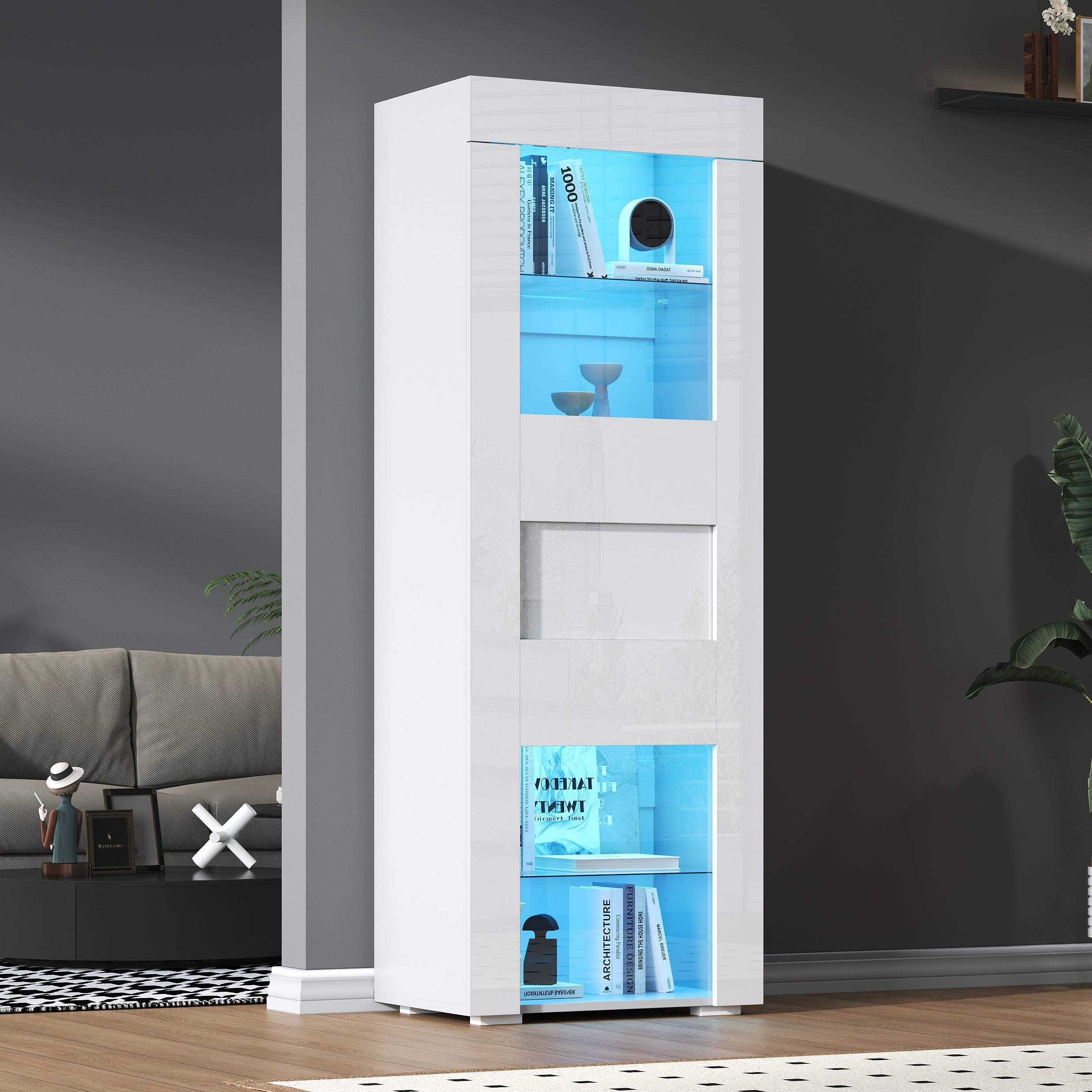 Cabinet High-Gloss Display Storage with LED Lighting, 2 Glass Shelves, White