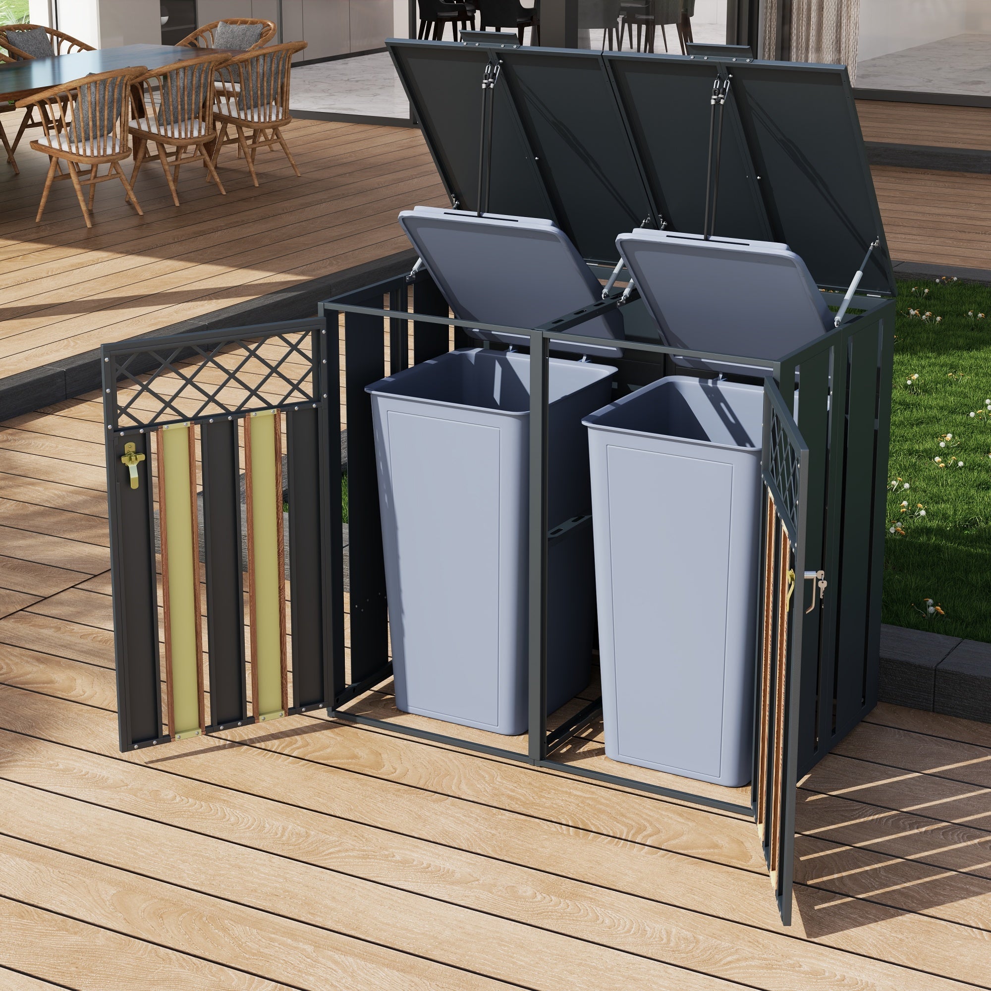 Garbage Can Storage Box with Hinged Lid and Lockable Double Doors, Diamond-Shaped Ventilation, Metal