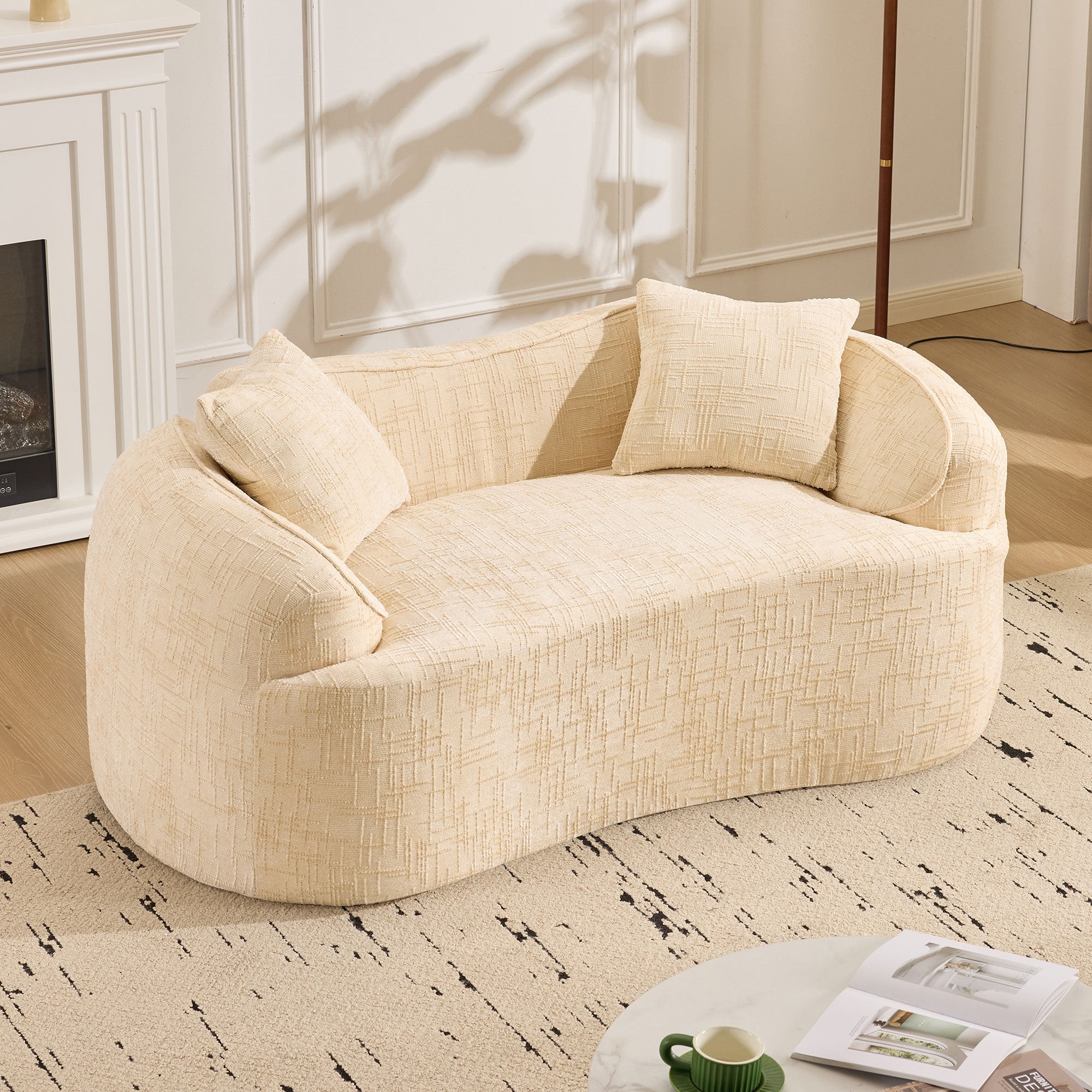 Curved Compression Sofa 2-Seater Armrests & Cushions - Beige
