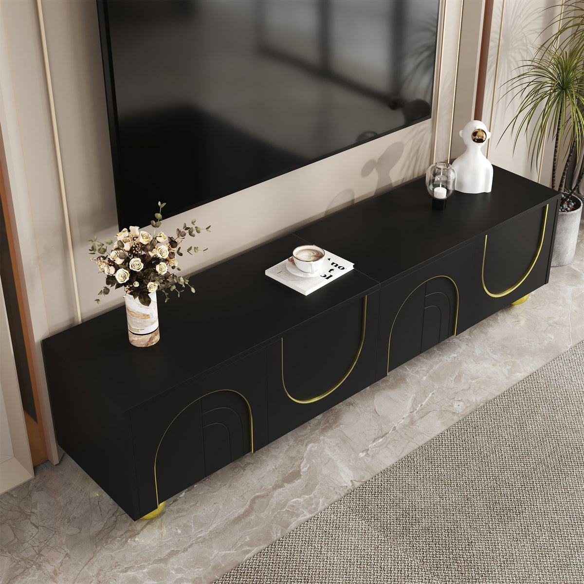 TV Cabinet Lowboard Textured Doors Shelves Push-to-Open - Gold Accents