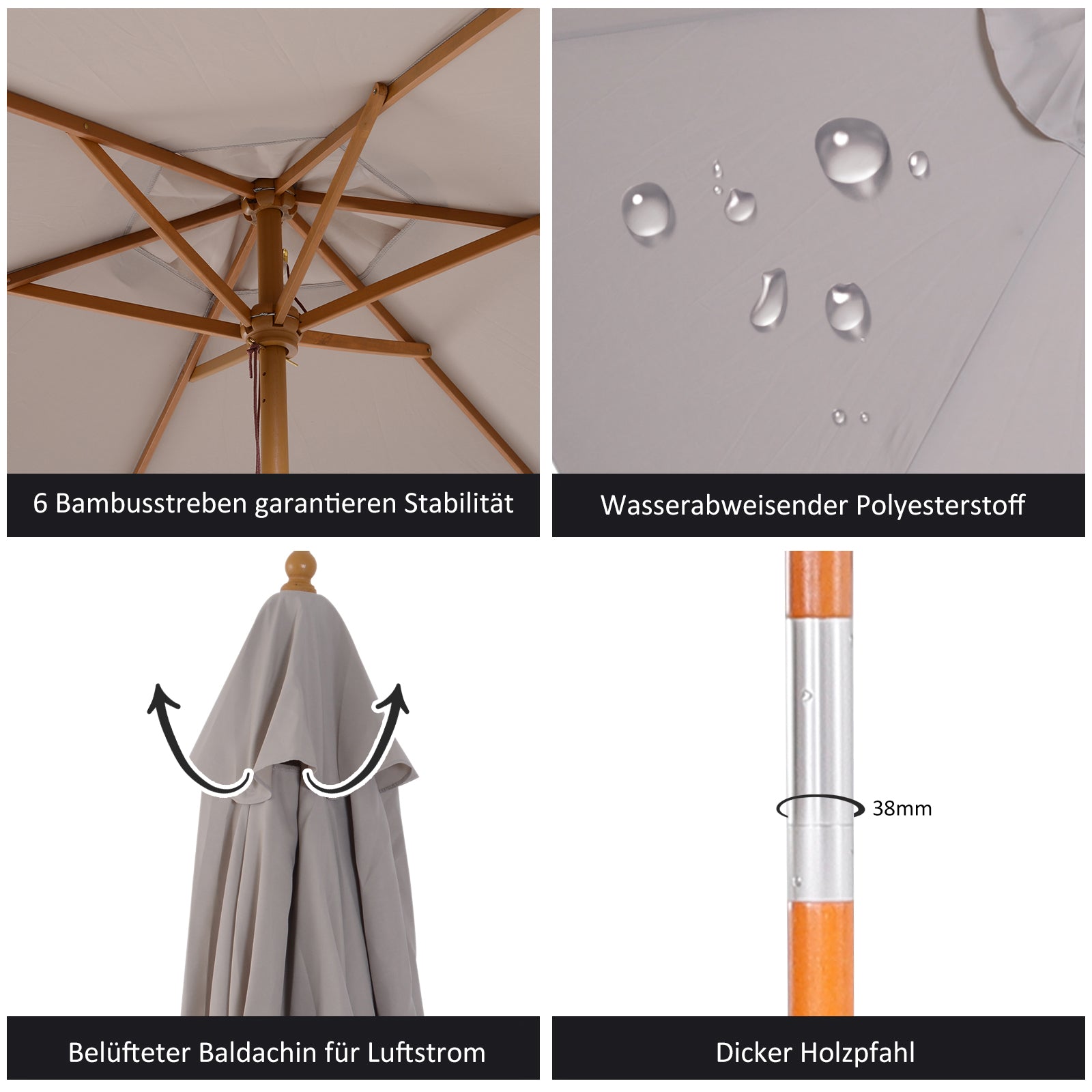 Parasol Garden Umbrella 3-Tier Sun Protection Bamboo Polyester, Grey